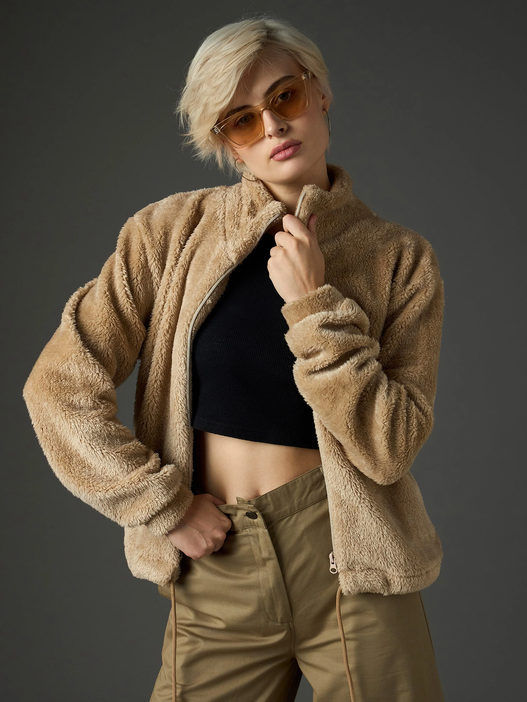 Women Beige Drawstring Faux Fur Jacket - Image 4