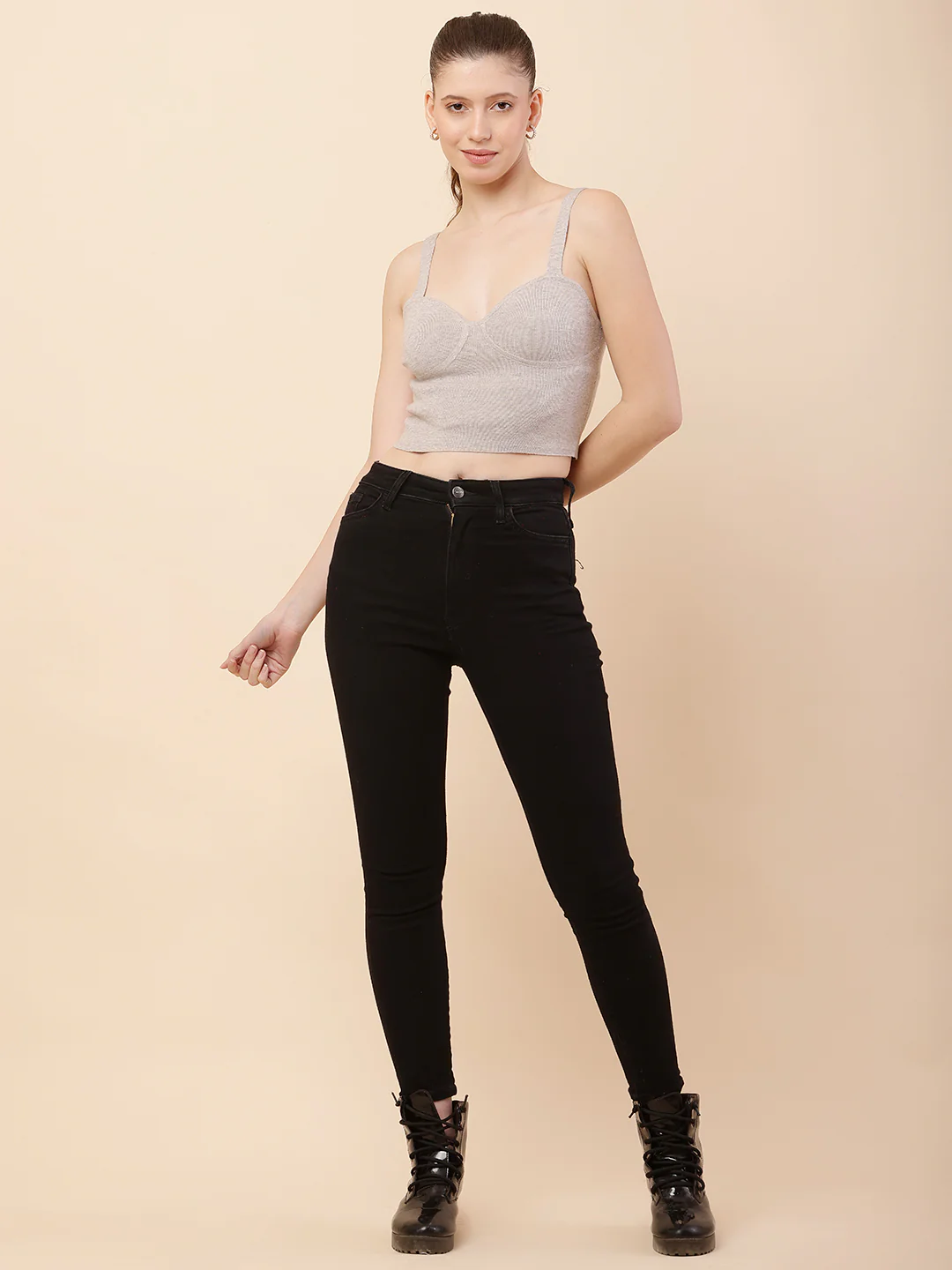 Women Beige Fine-knit Crop Top - Image 3