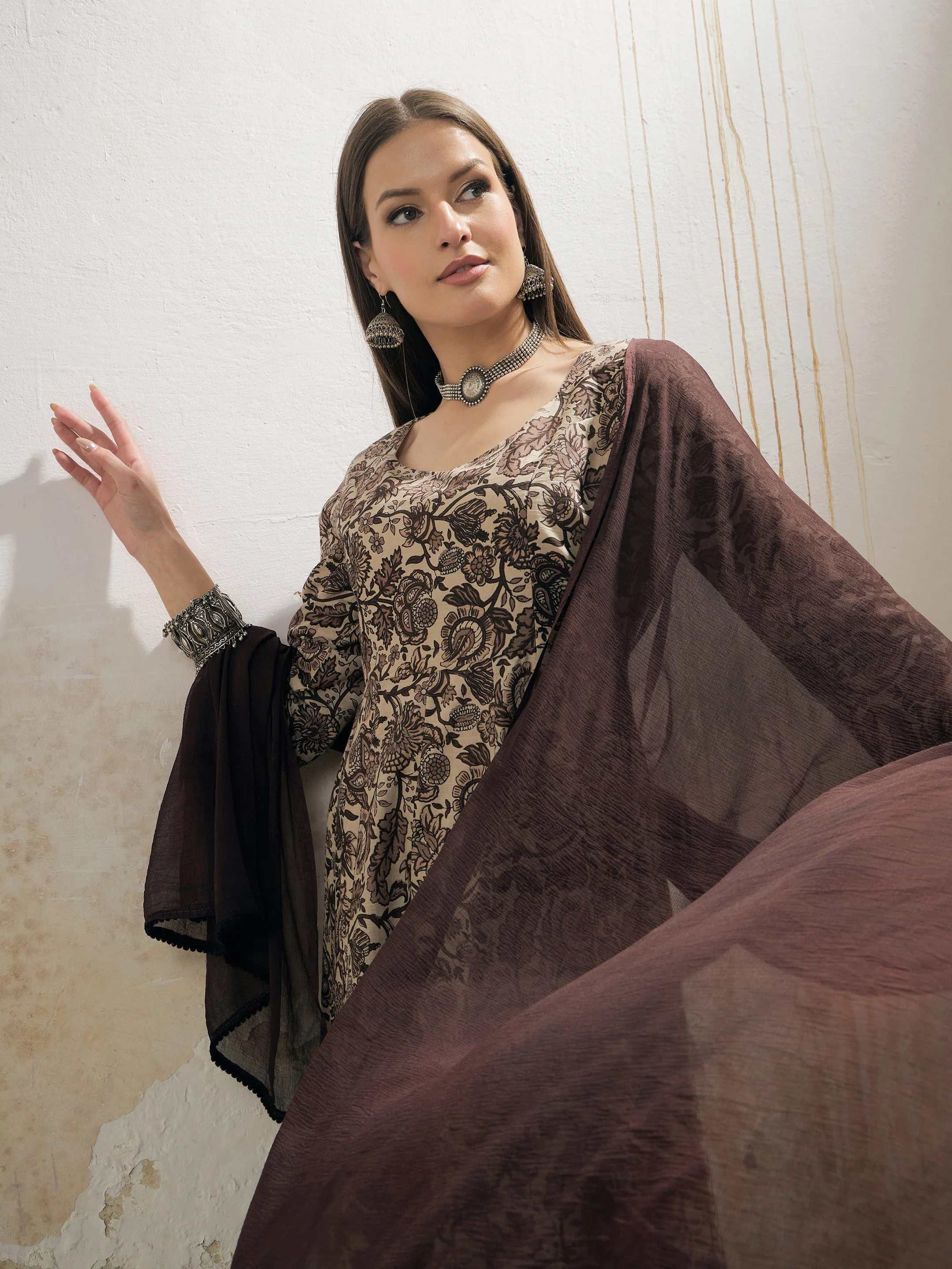 Women Beige Floral Anarkali Kurta With Pencil Pant & Dupatta - Image 2