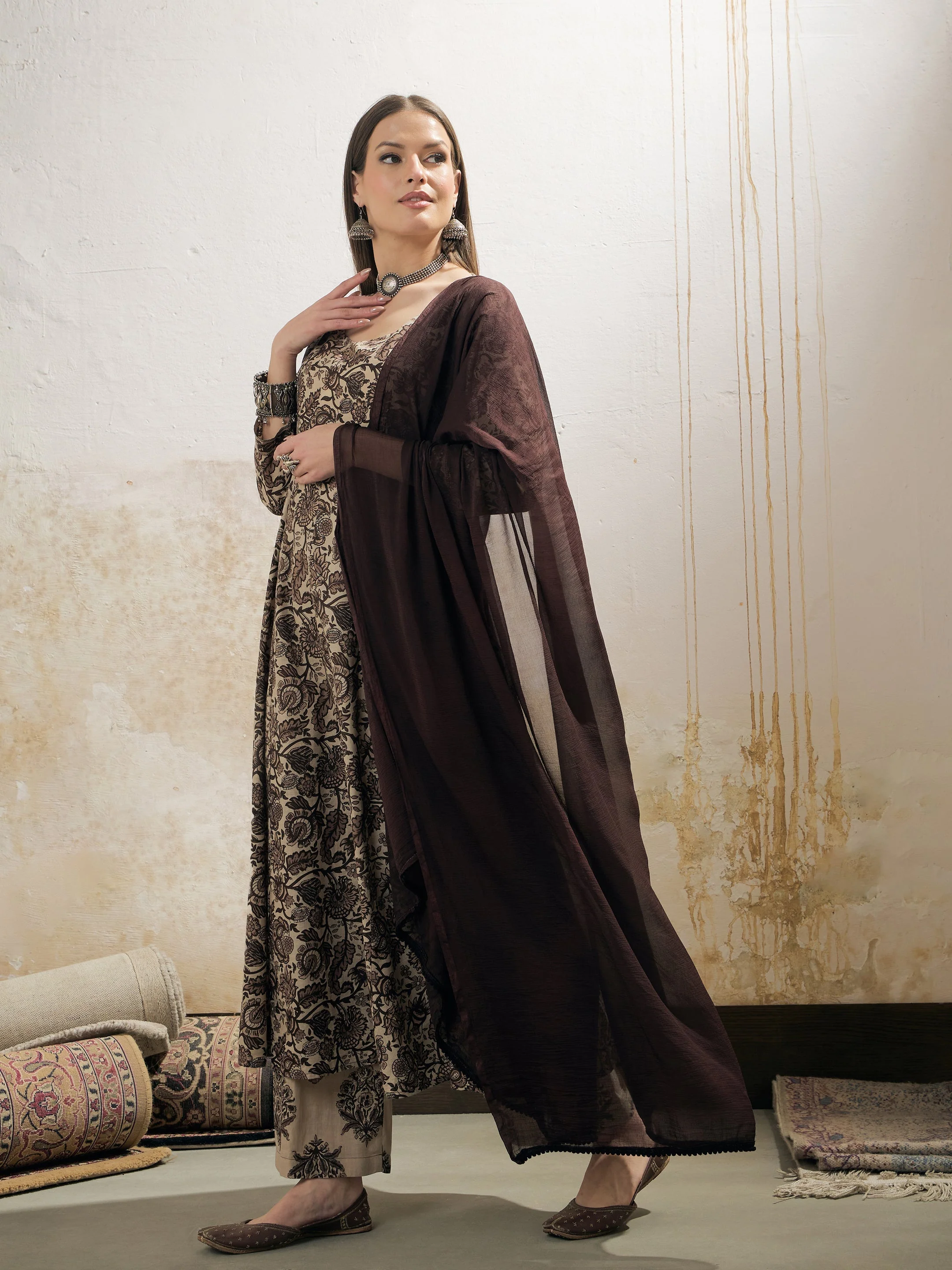 Women Beige Floral Anarkali Kurta With Pencil Pant & Dupatta - Image 3