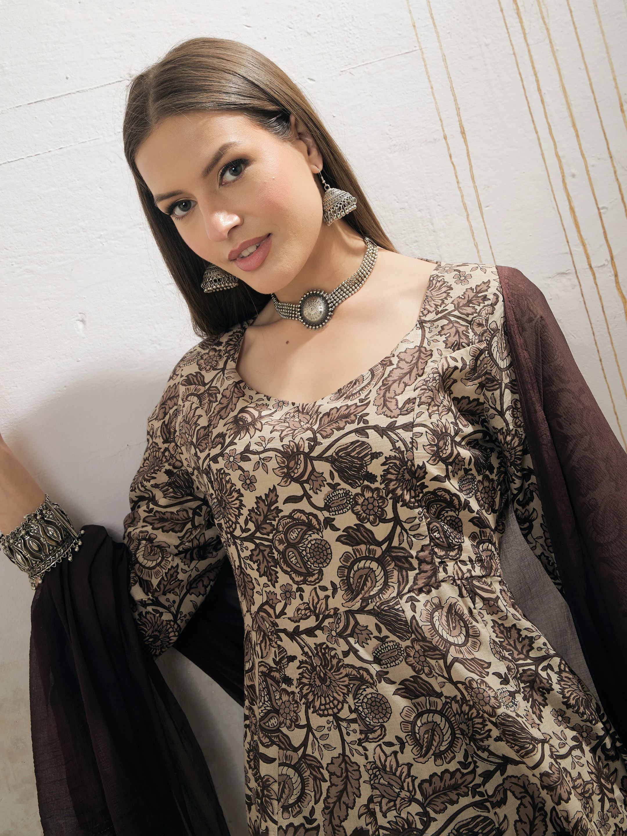 Women Beige Floral Anarkali Kurta With Pencil Pant & Dupatta - Image 4