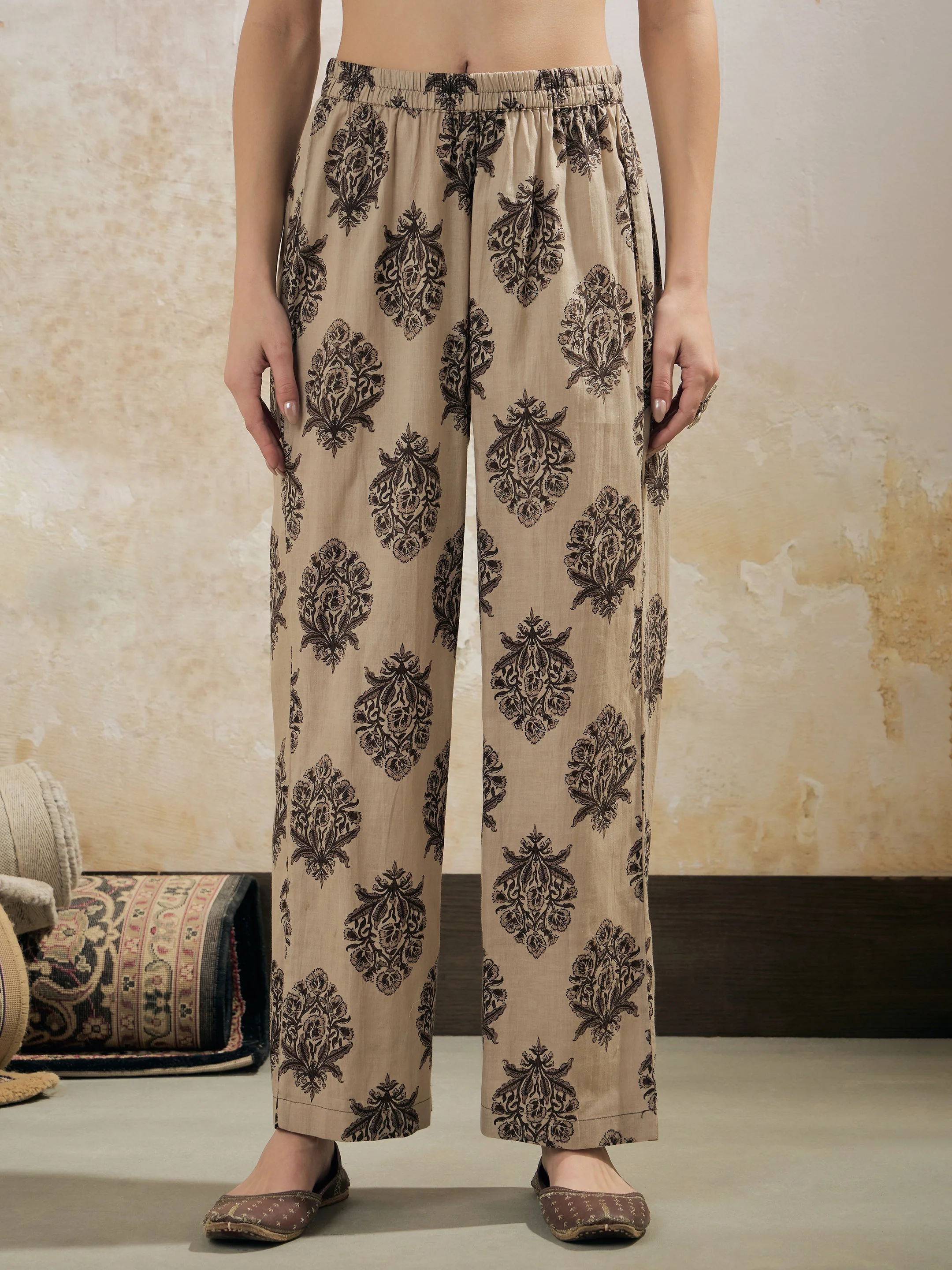 Women Beige Floral Anarkali Kurta With Pencil Pant & Dupatta - Image 5