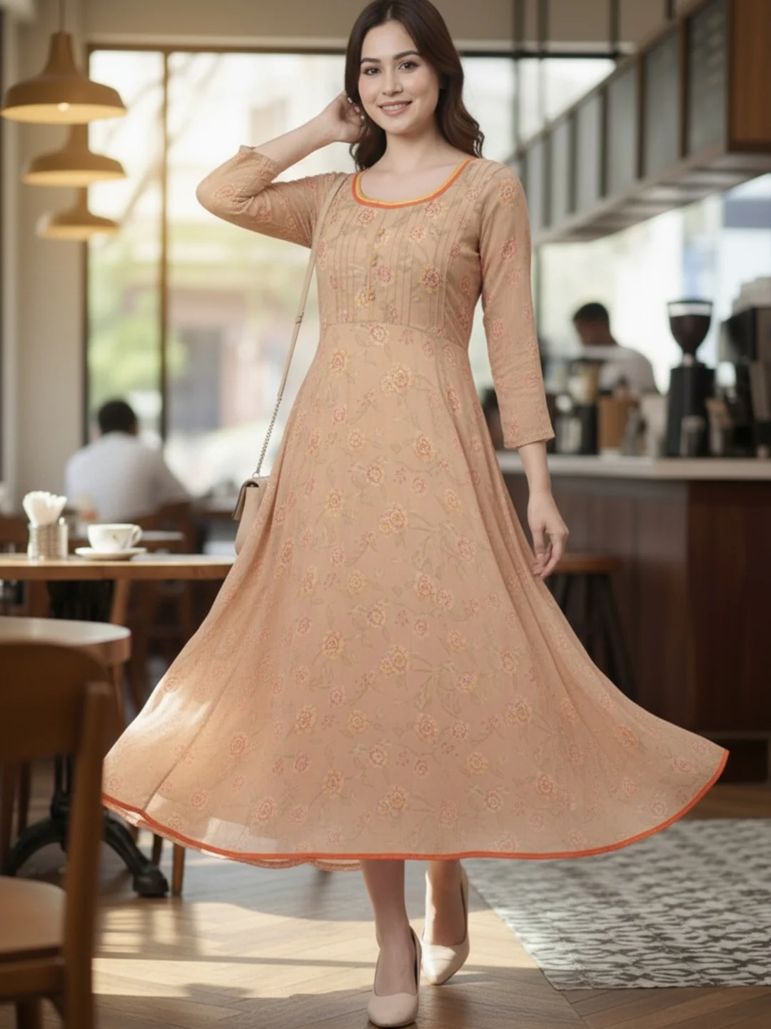 Women Beige Floral Chiffon Dress - Image 2