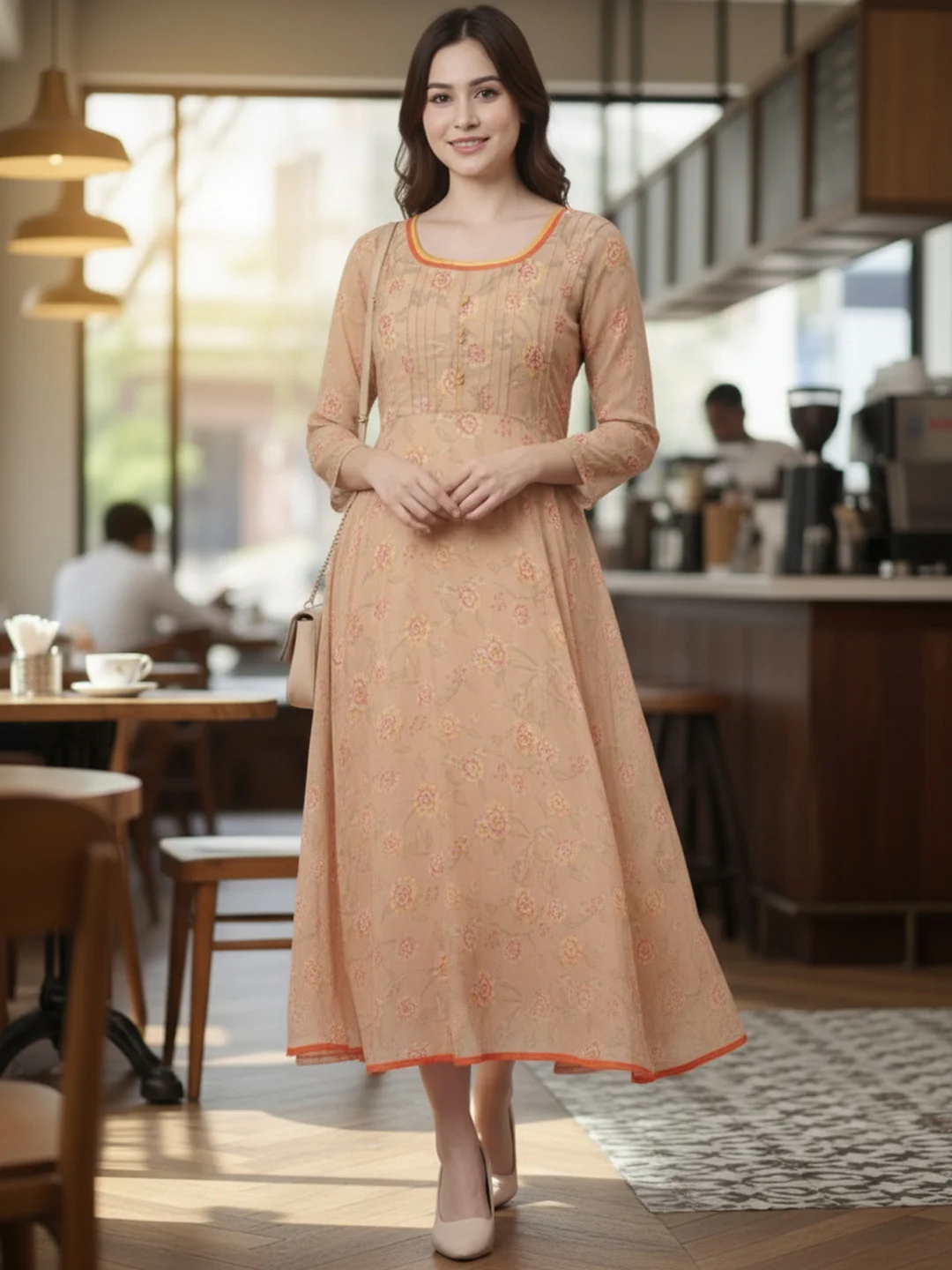Women Beige Floral Chiffon Dress - Image 3