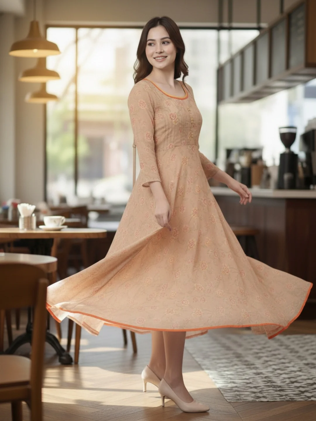 Women Beige Floral Chiffon Dress - Image 4