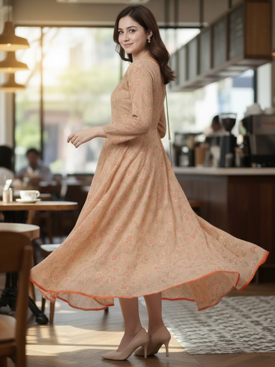 Women Beige Floral Chiffon Dress - Image 5