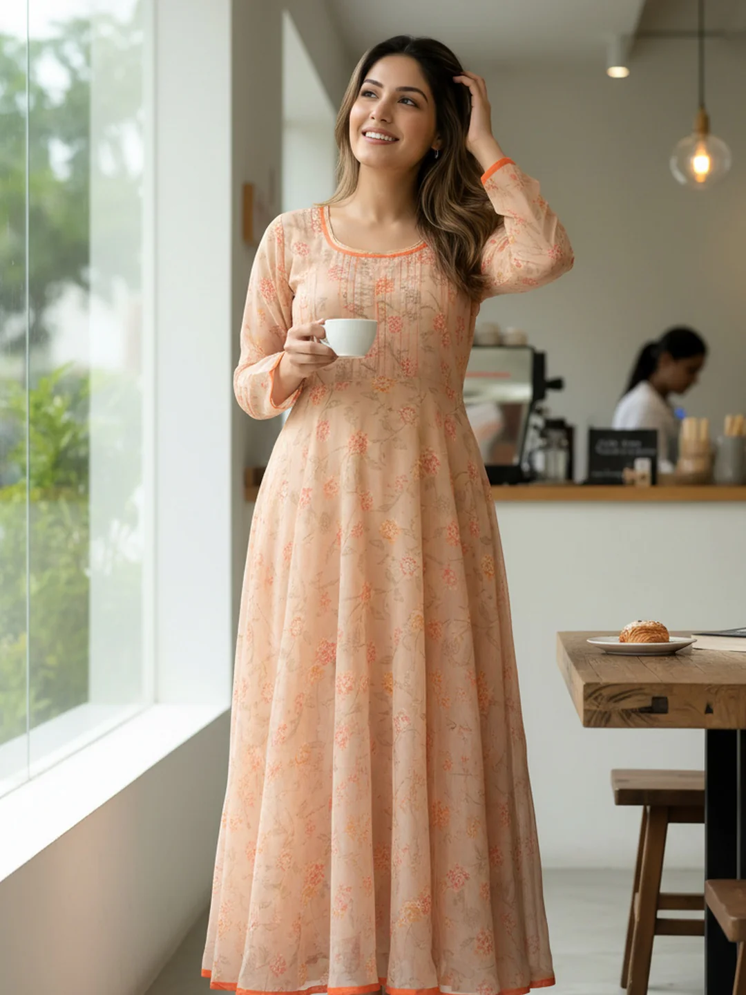 Women Beige Floral Chiffon Dress - Image 6