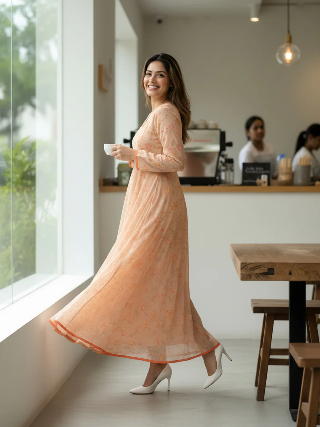Women Beige Floral Chiffon Dress - Image 7