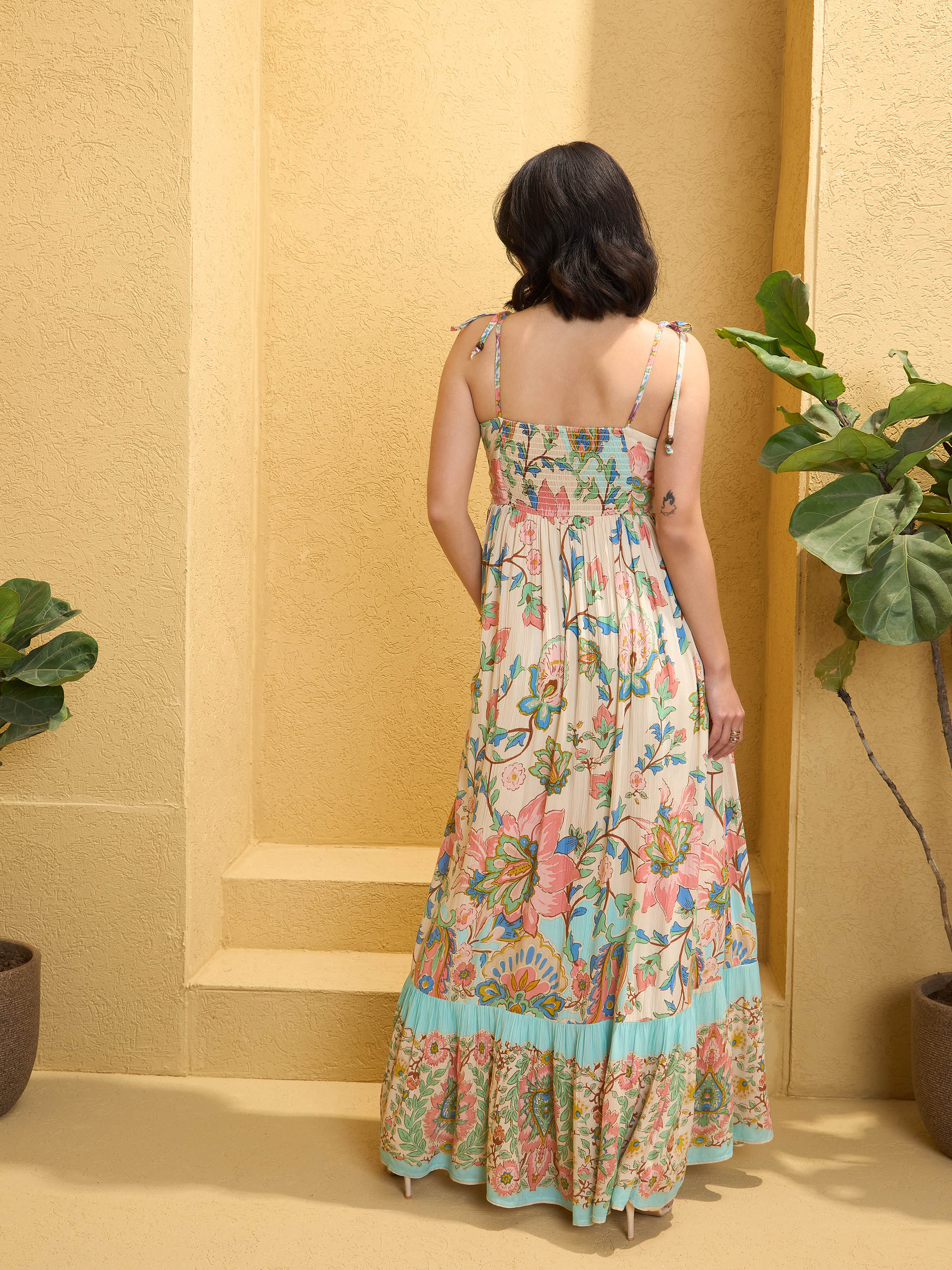 Women Beige Floral Strappy Tie-up Maxi Dress - Image 2