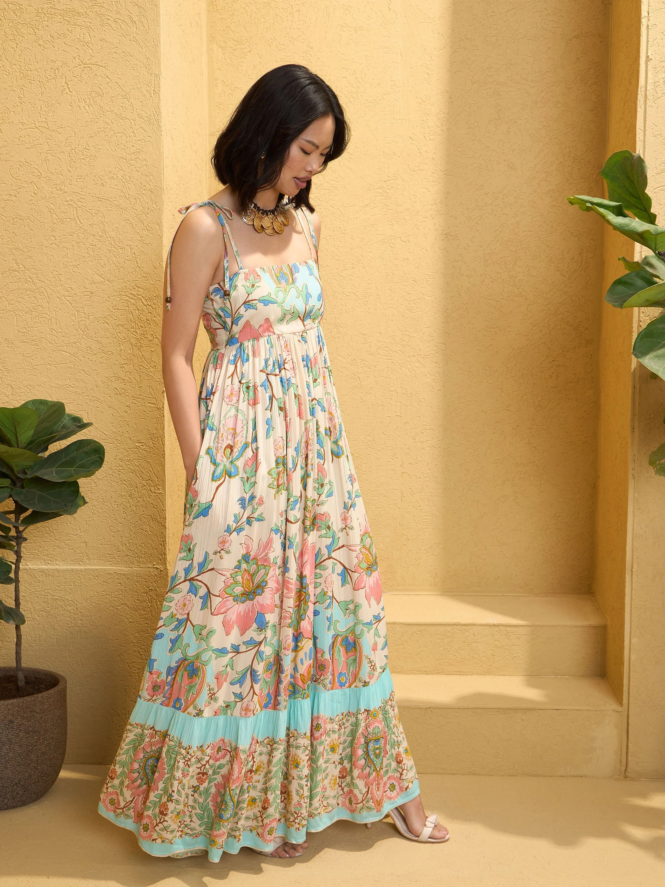 Women Beige Floral Strappy Tie-up Maxi Dress - Image 5