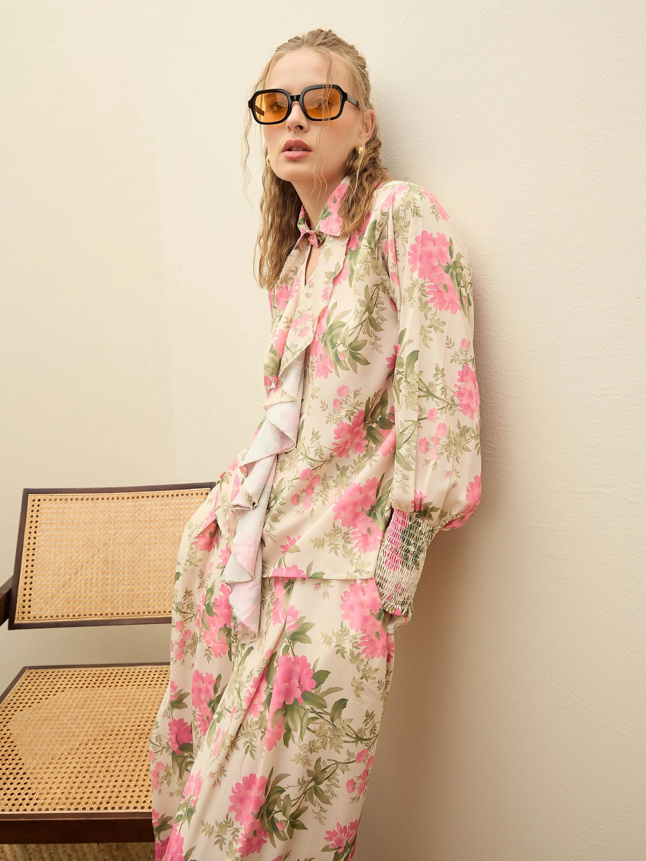 Women Beige Floral Top With Flared Pants - Image 2