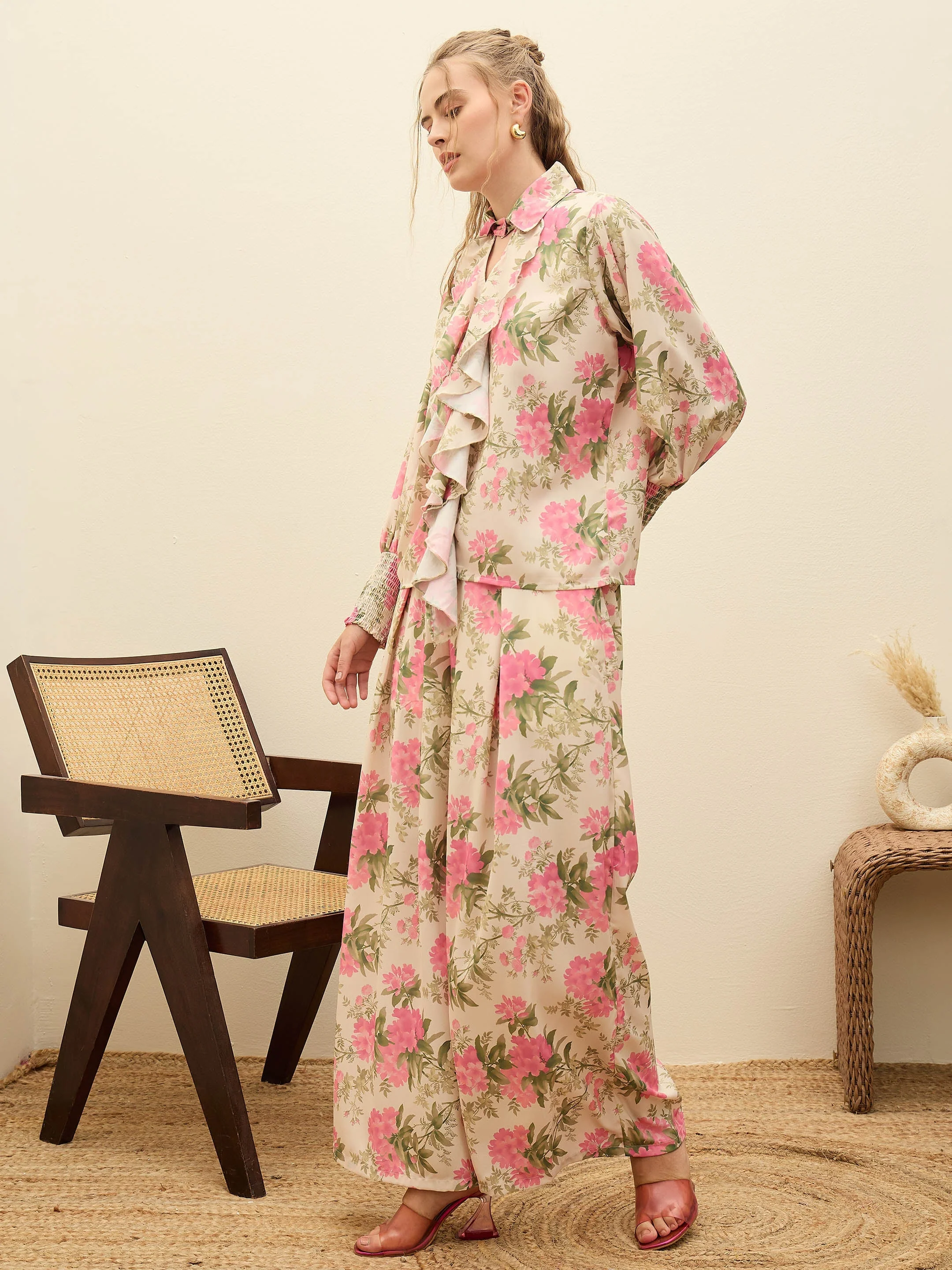 Women Beige Floral Top With Flared Pants - Image 3