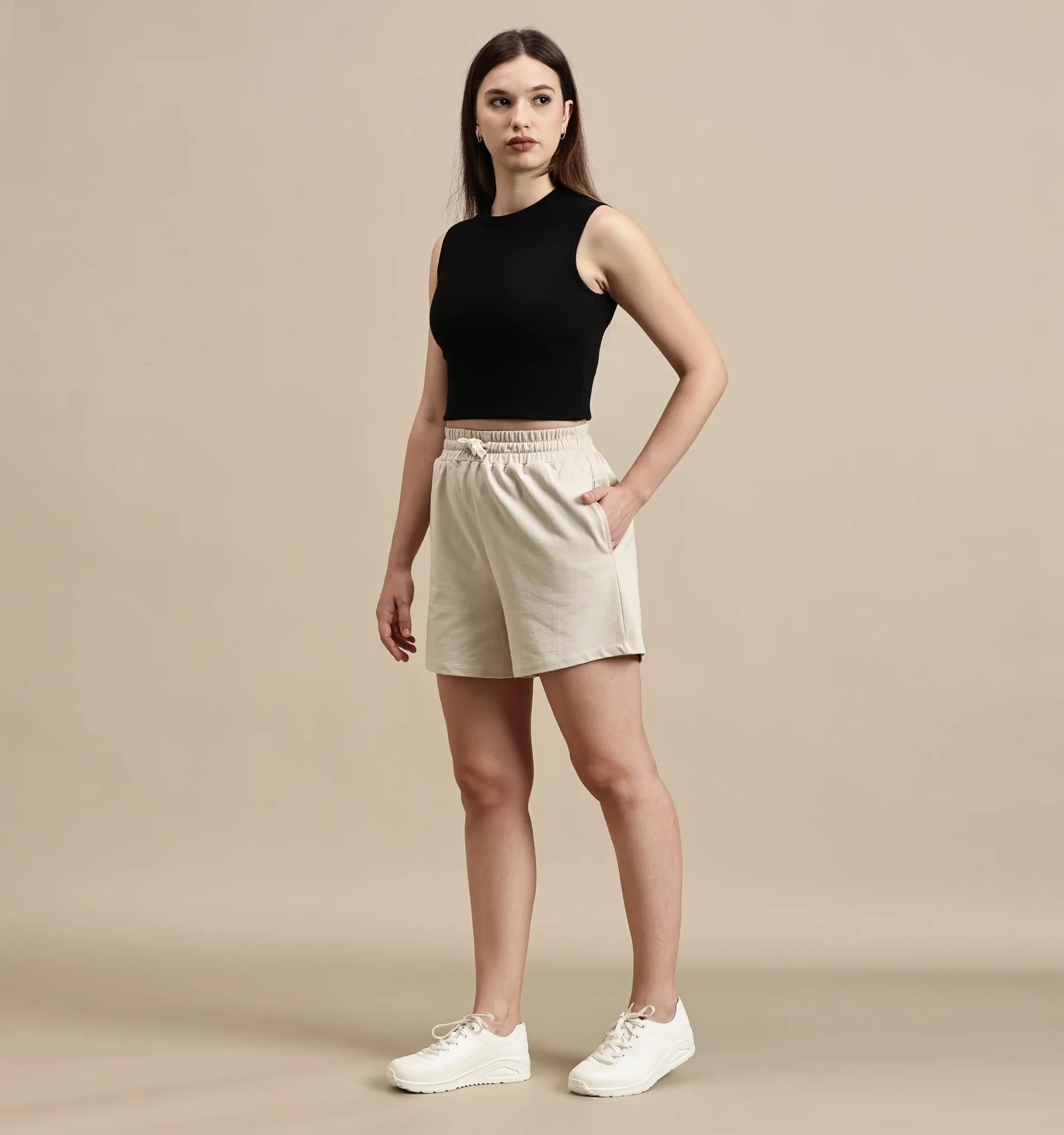 Women Beige French Terry Short - Image 2
