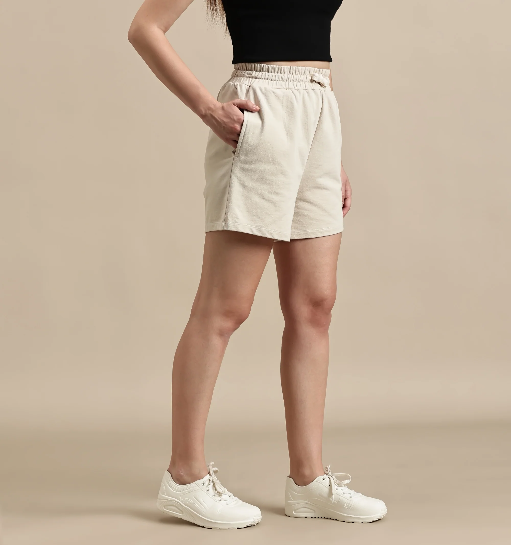 Women Beige French Terry Short - Image 5