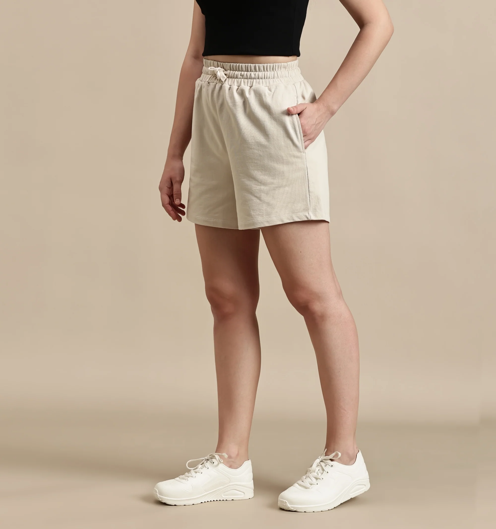 Women Beige French Terry Short - Image 6
