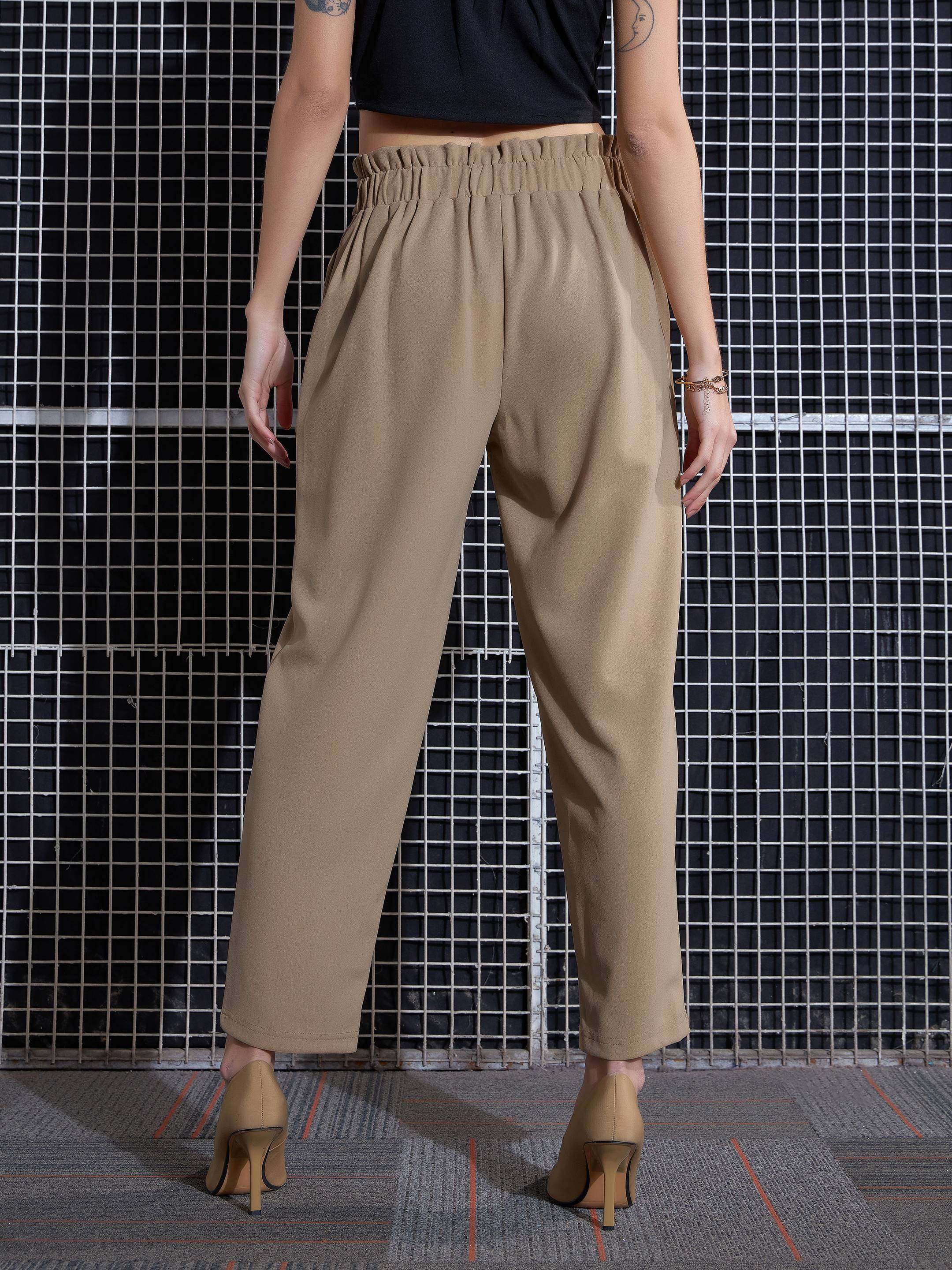 Women Beige Front Button Paperback Waist Pants - Image 3