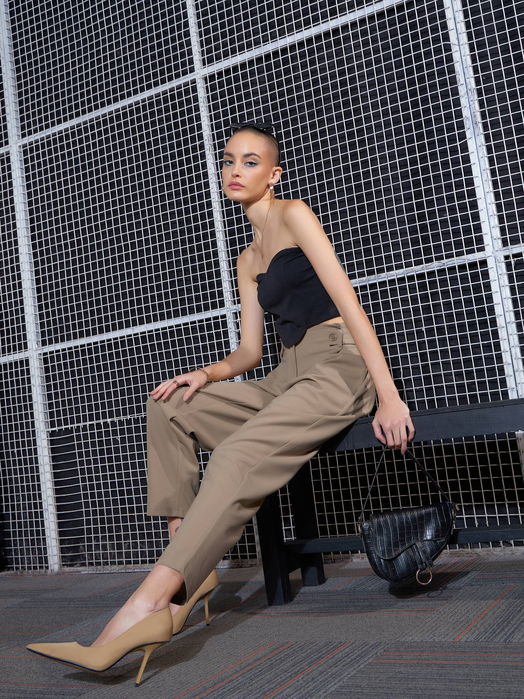 Women Beige Front Button Paperback Waist Pants - Image 6