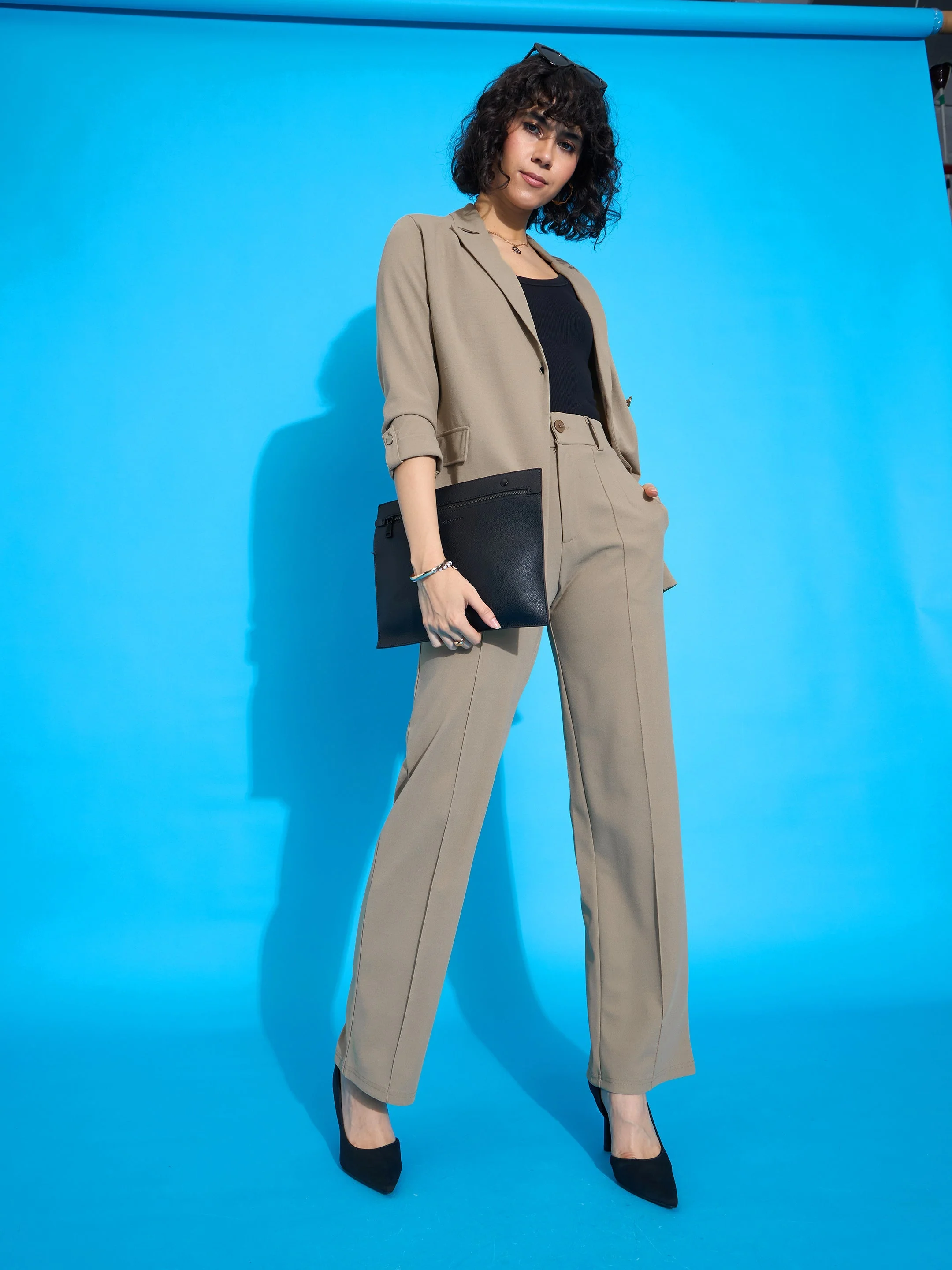 Women Beige Front Darted Pants - Image 5