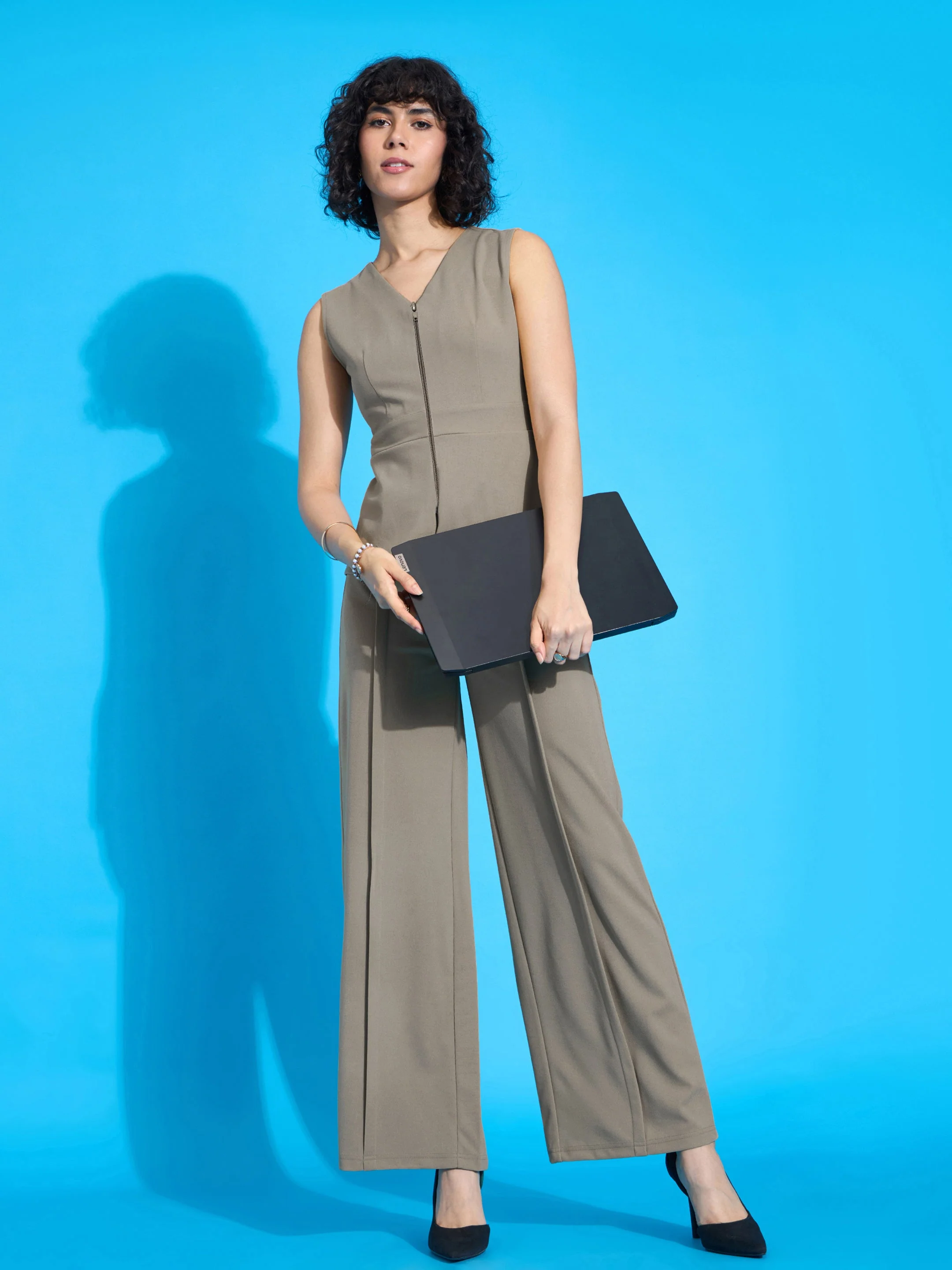 Women Beige Front Pleated Straight Fit Trousers - Image 2
