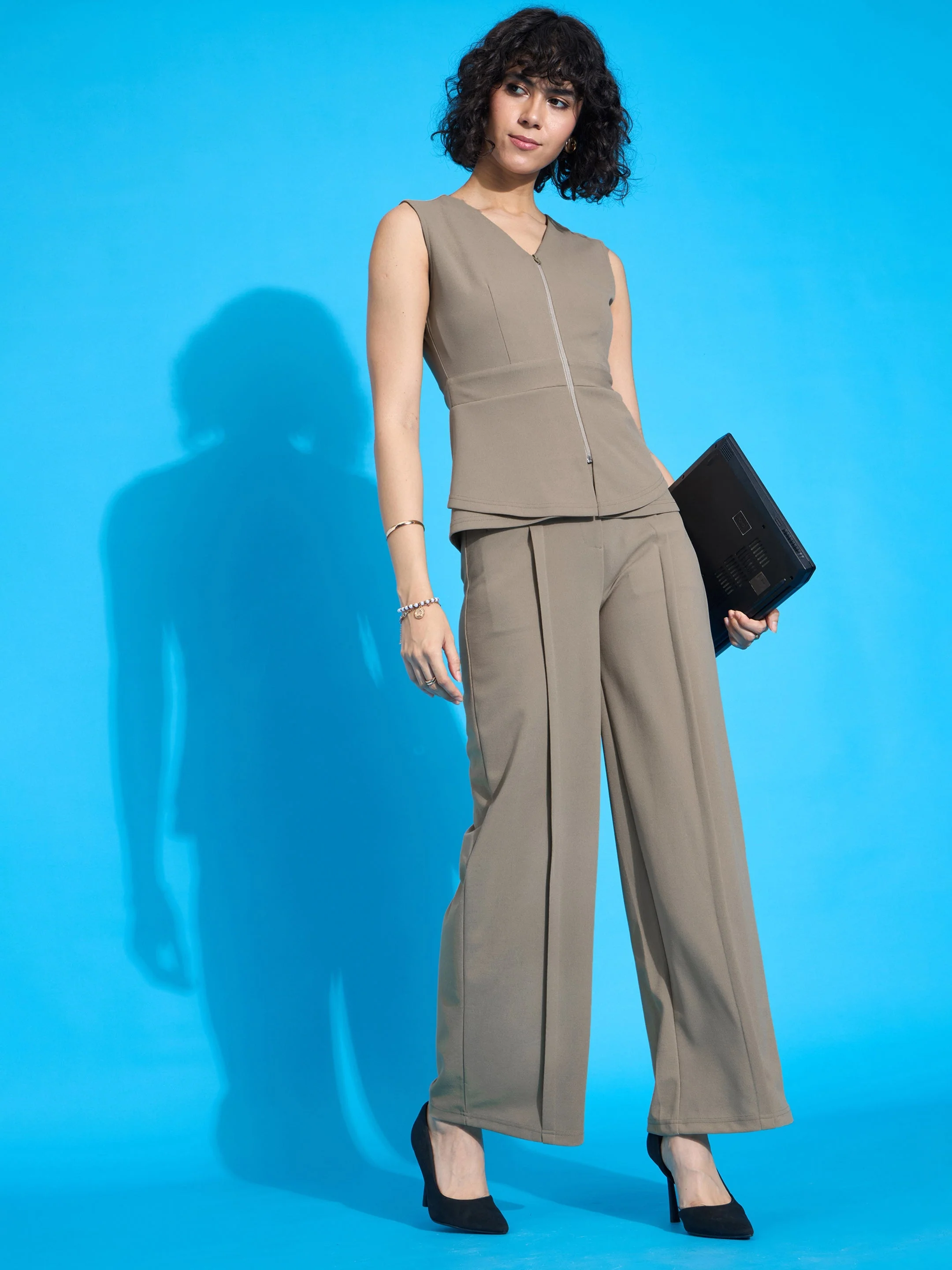 Women Beige Front Pleated Straight Fit Trousers - Image 6