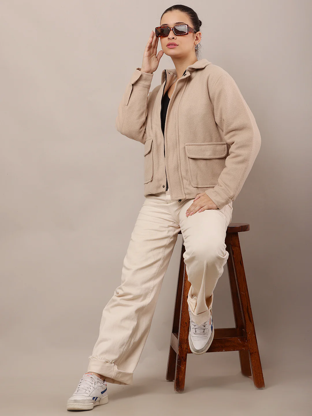 Women Beige Cotton Jacket - Image 2