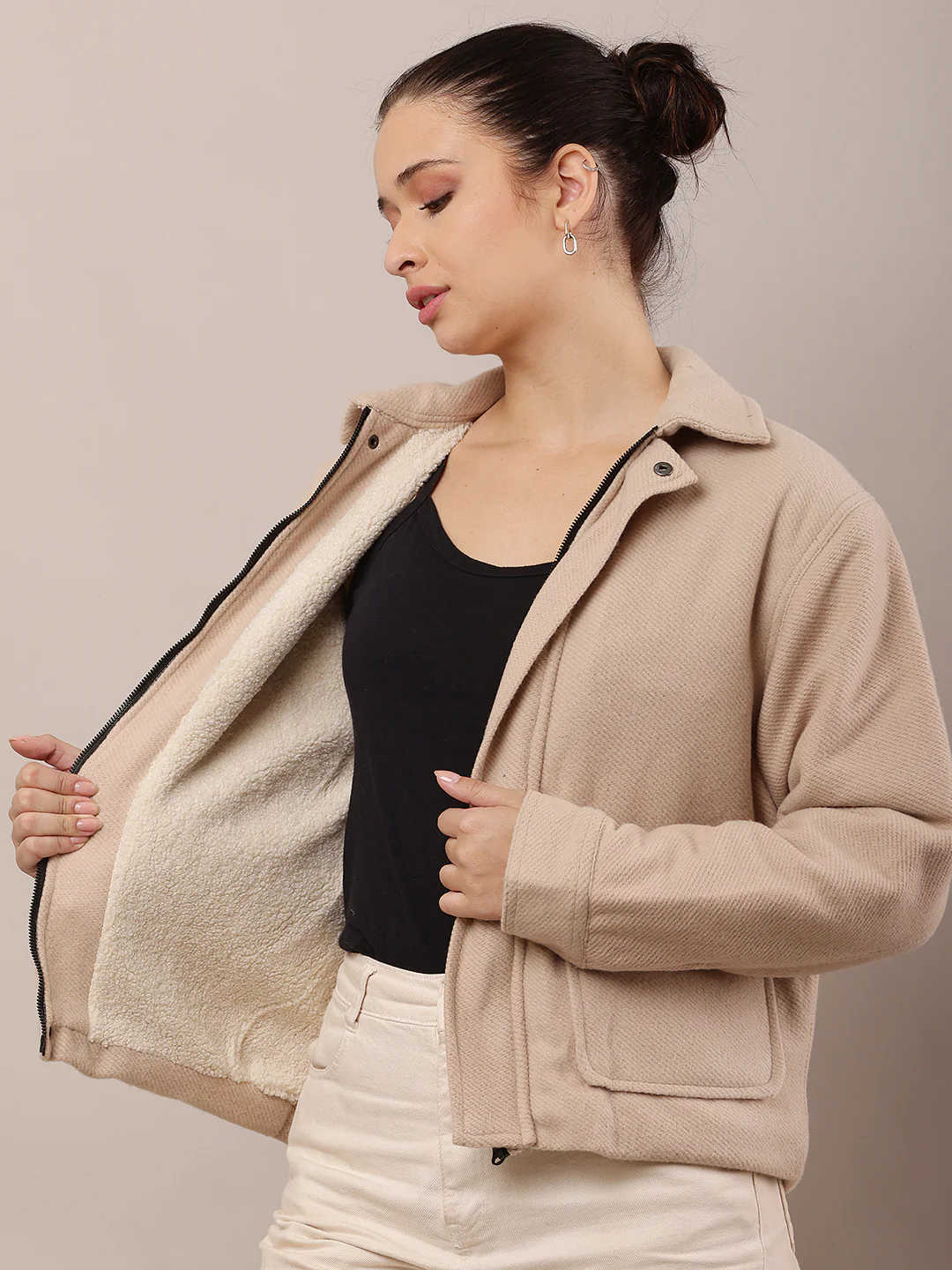 Women Beige Cotton Jacket - Image 3