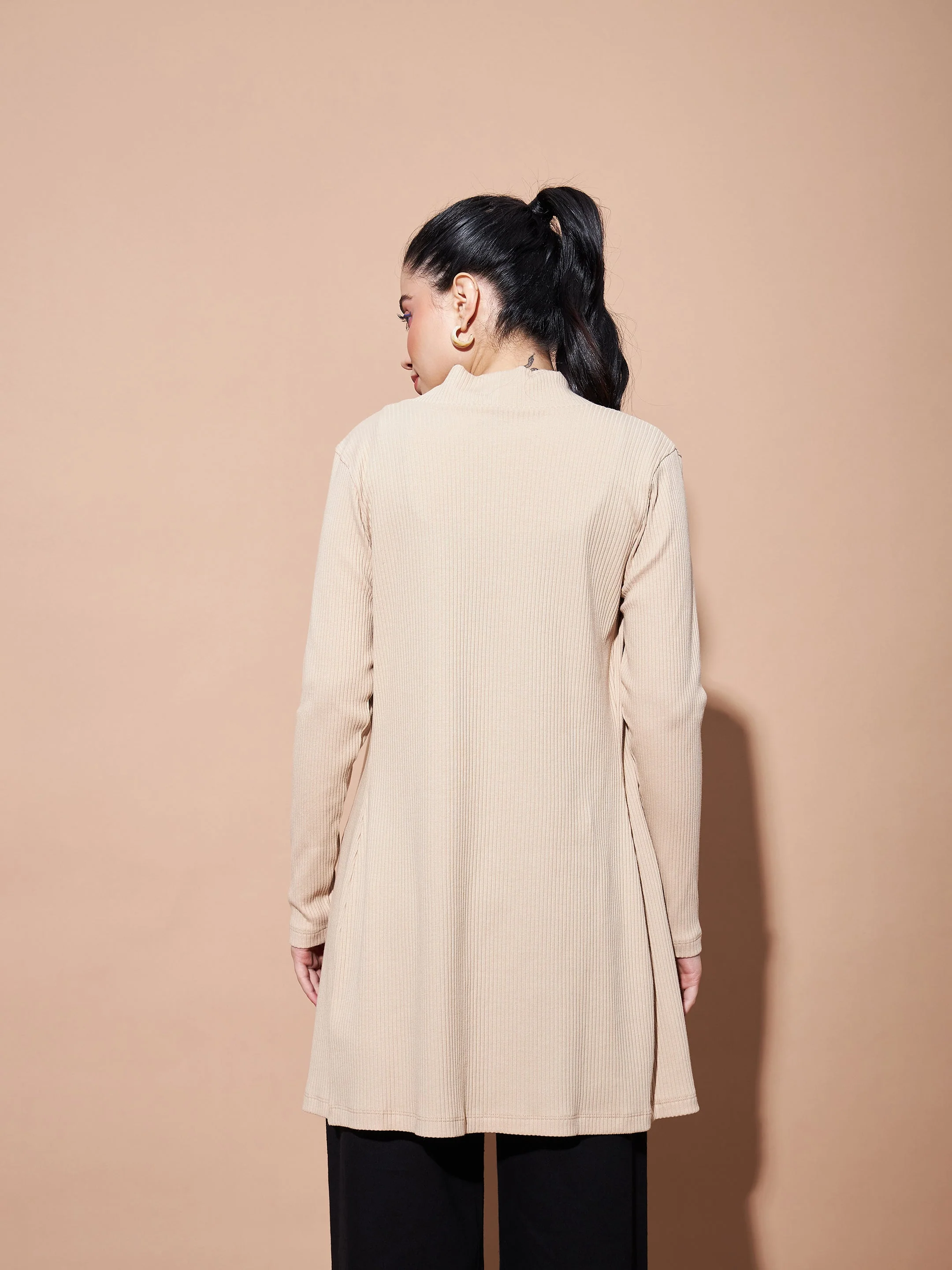 Women Beige Full Sleeves Rib Shrug - Image 2