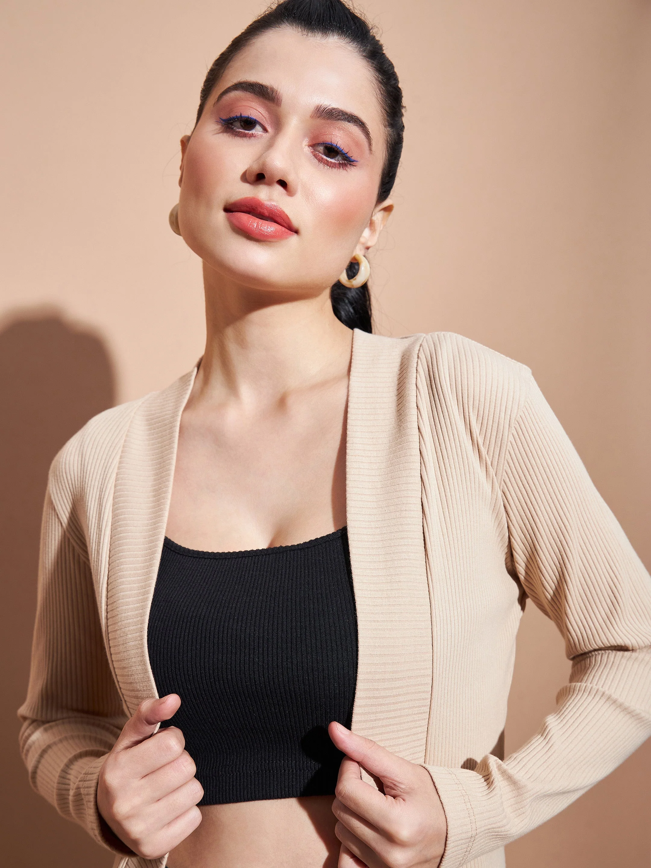 Women Beige Full Sleeves Rib Shrug - Image 3
