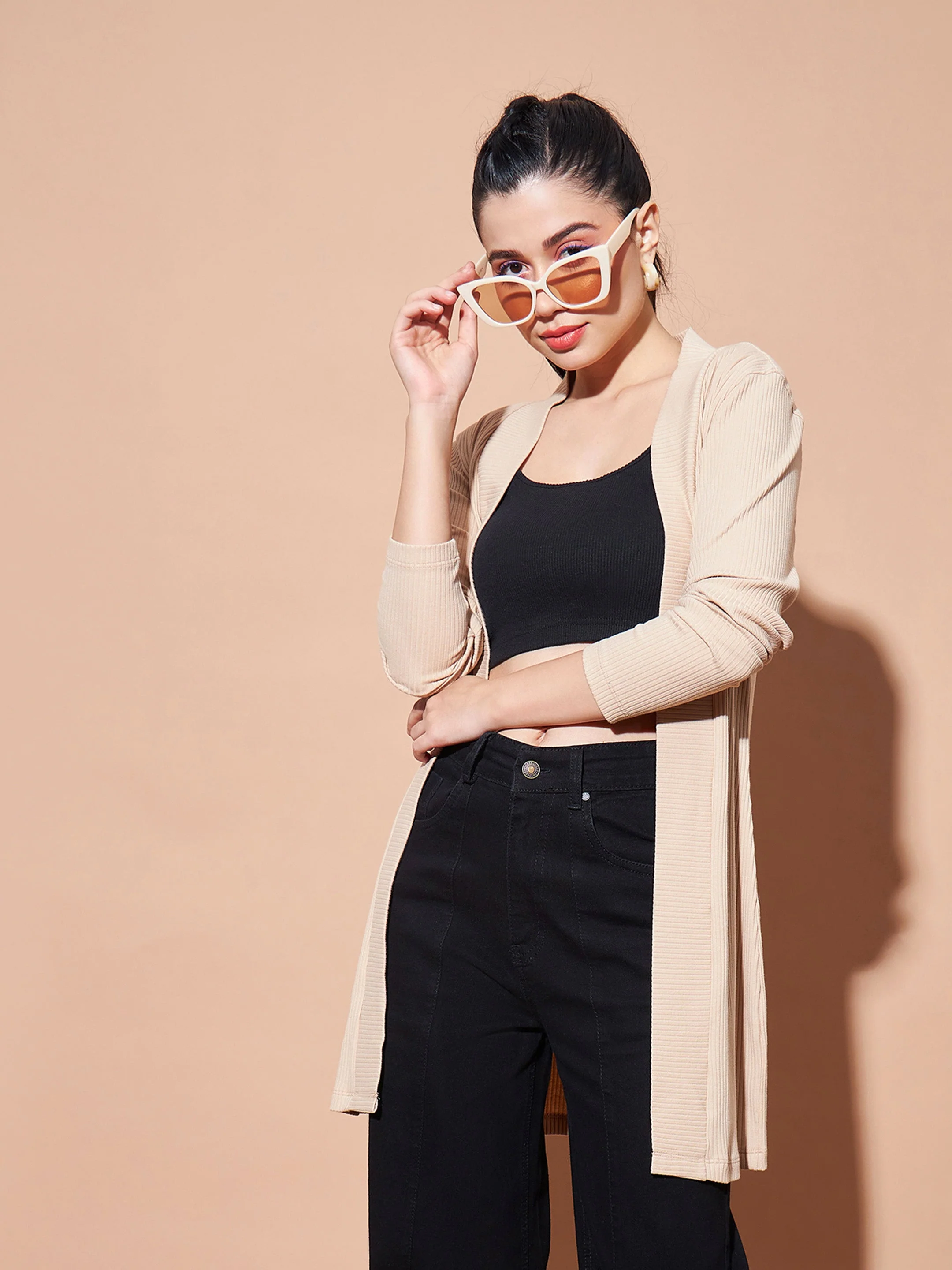Women Beige Full Sleeves Rib Shrug - Image 4