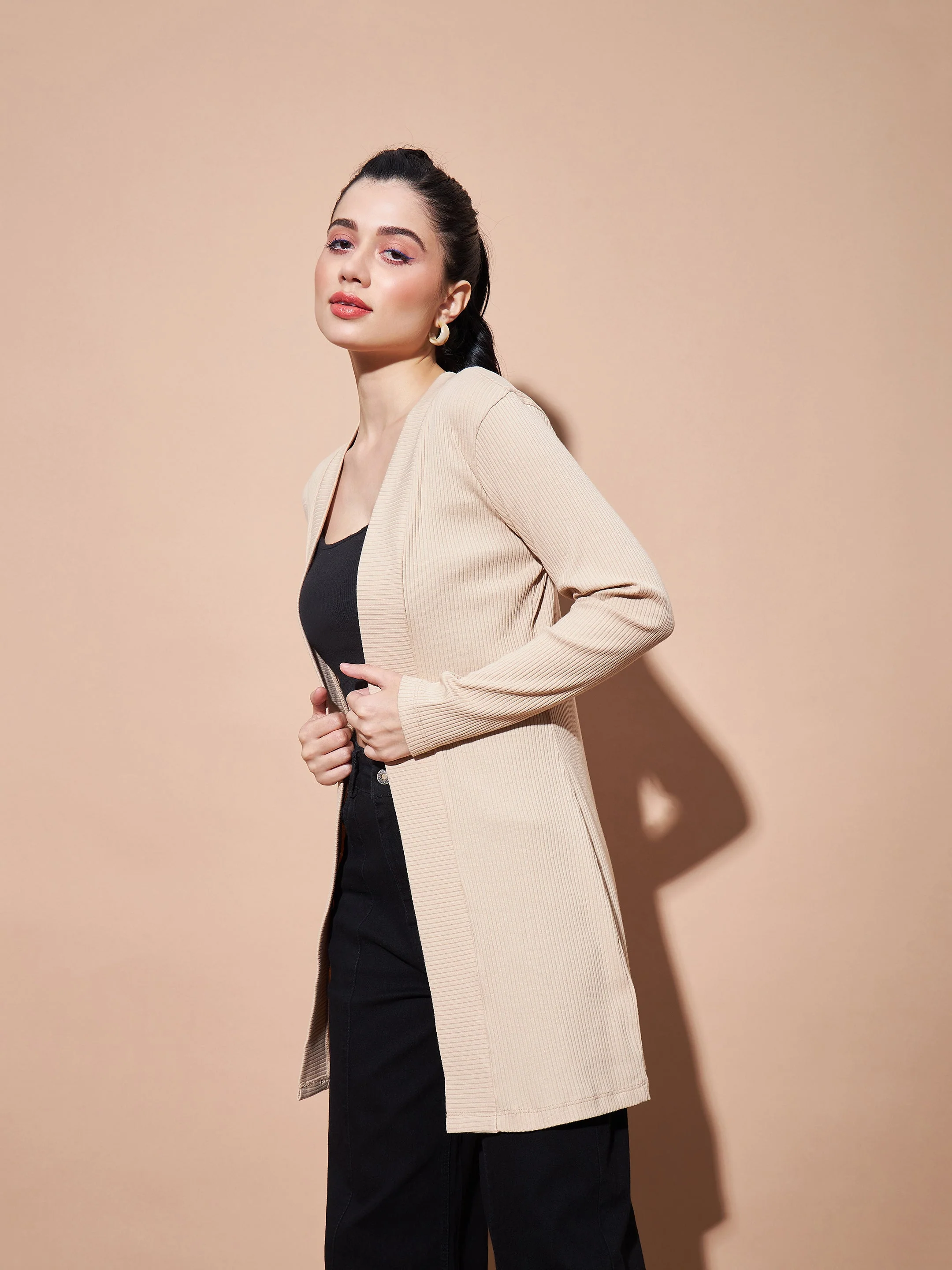 Women Beige Full Sleeves Rib Shrug - Image 5
