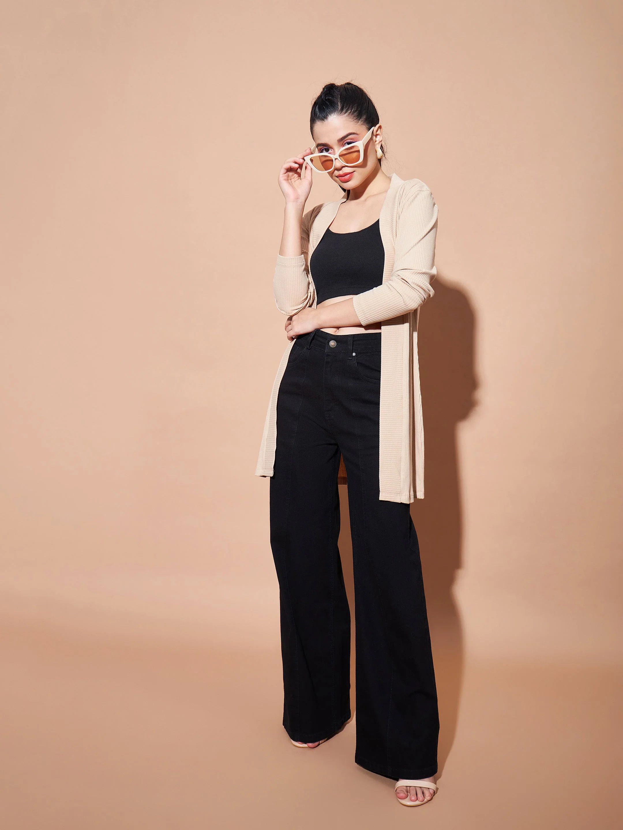 Women Beige Full Sleeves Rib Shrug - Image 6