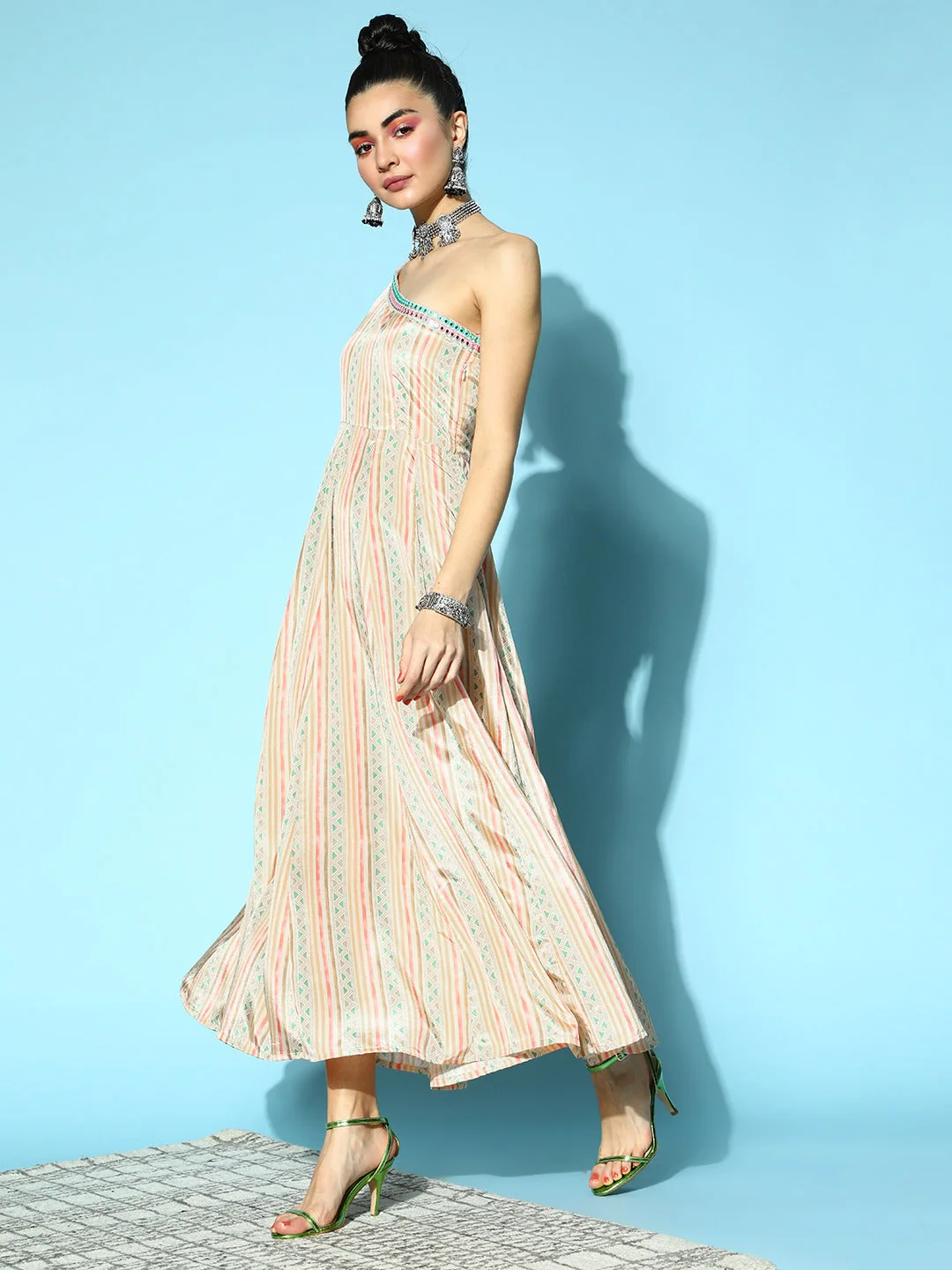 Women Beige Geometric One Shoulder Anarkali Maxi - Image 3