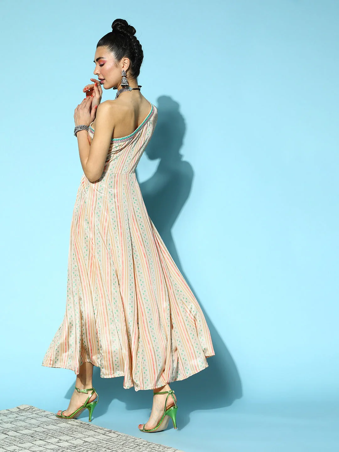 Women Beige Geometric One Shoulder Anarkali Maxi - Image 4
