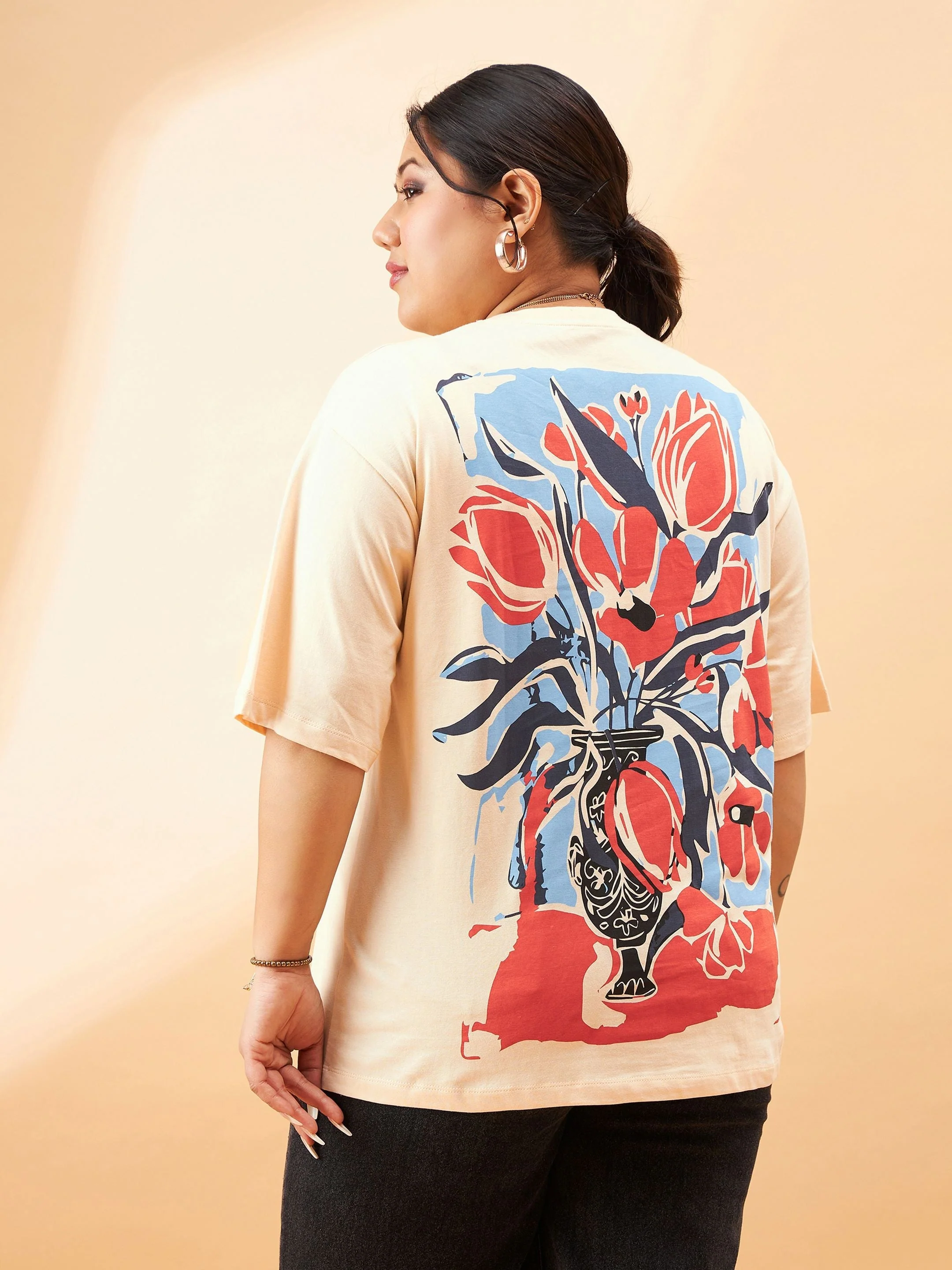 Women Beige Graphic Floral Printed T-Shirt - Image 5