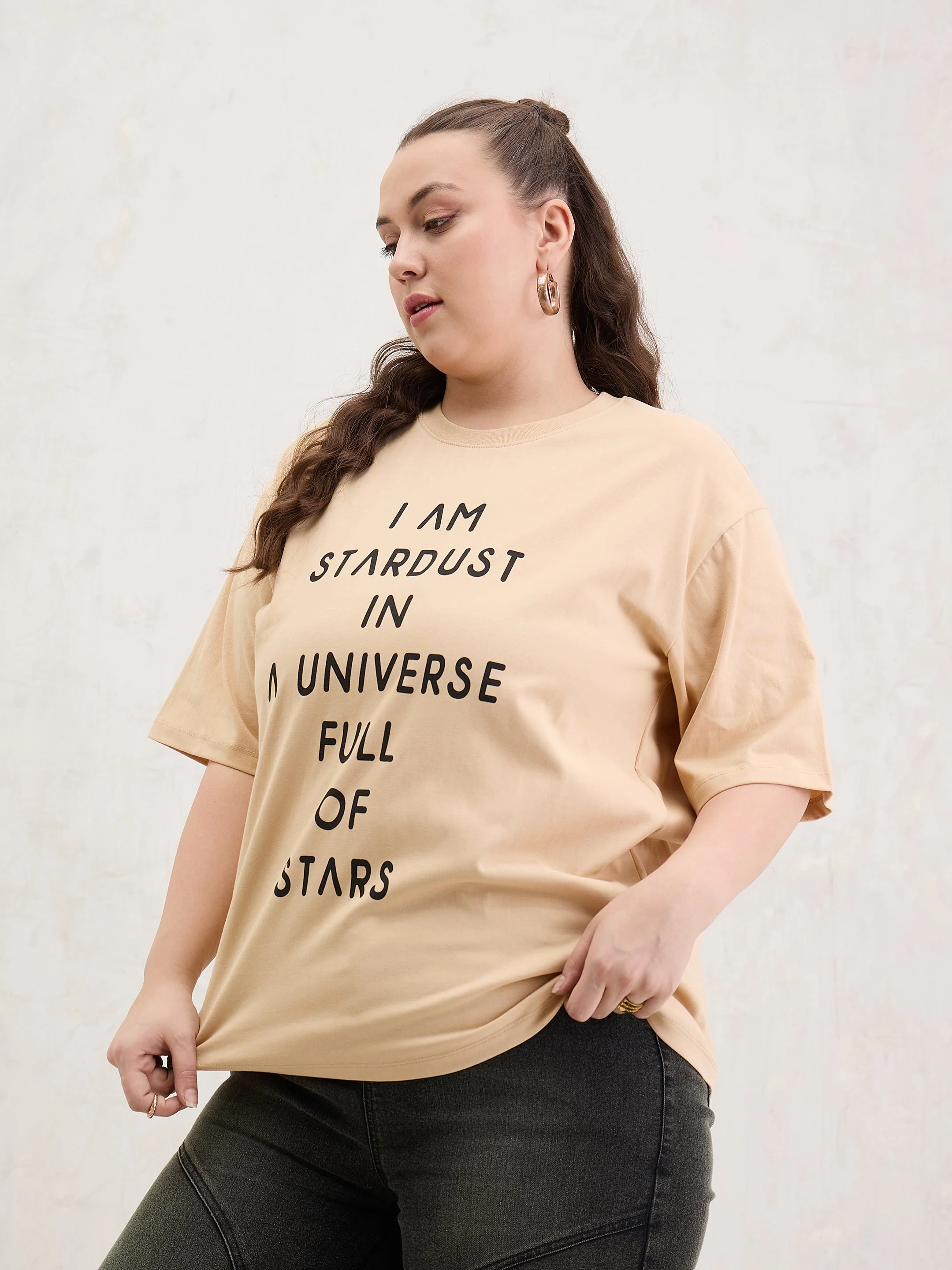 Women Beige Graphic I AM STARDUST Print T-Shirt - Image 3