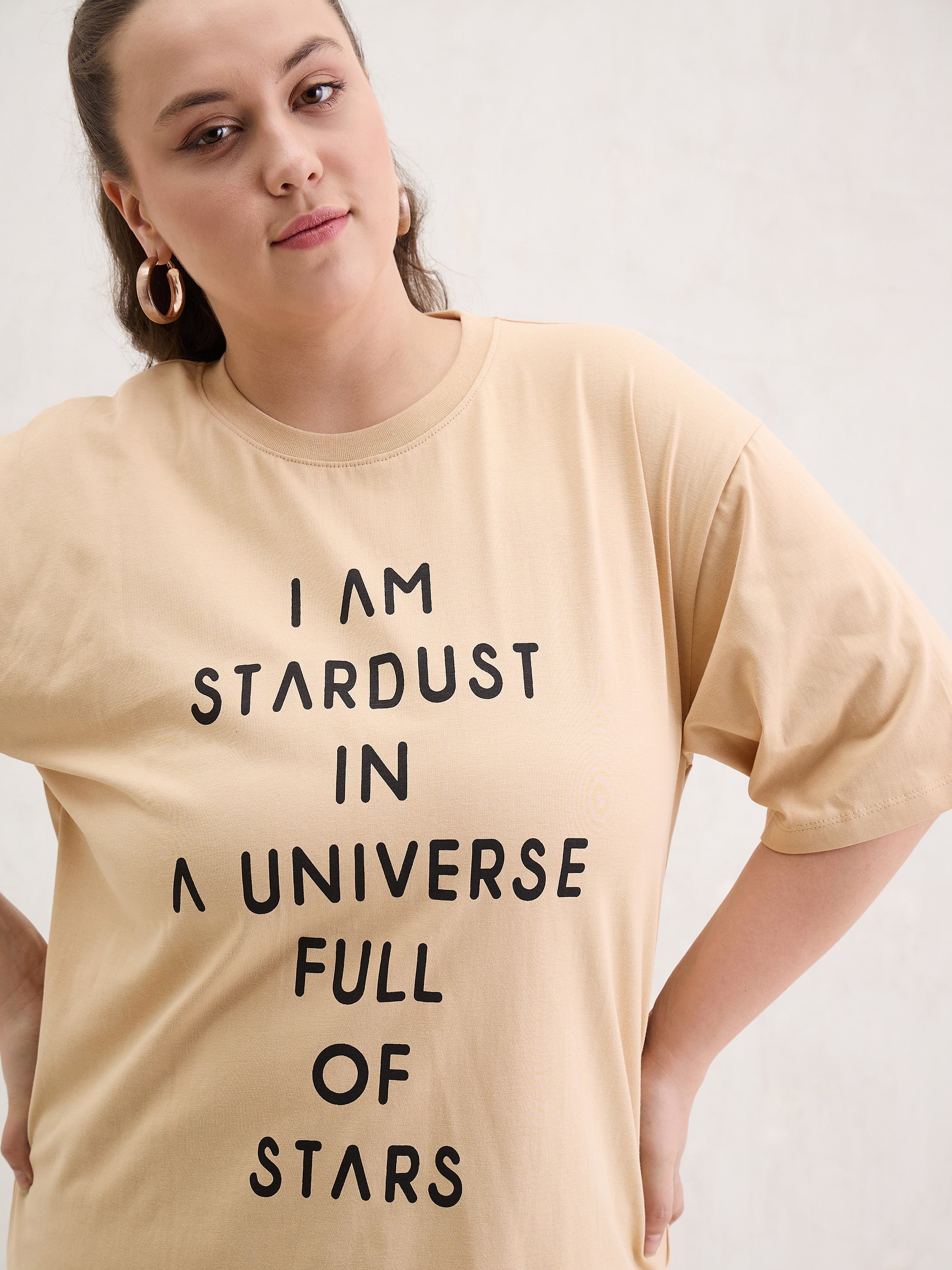 Women Beige Graphic I AM STARDUST Print T-Shirt - Image 4