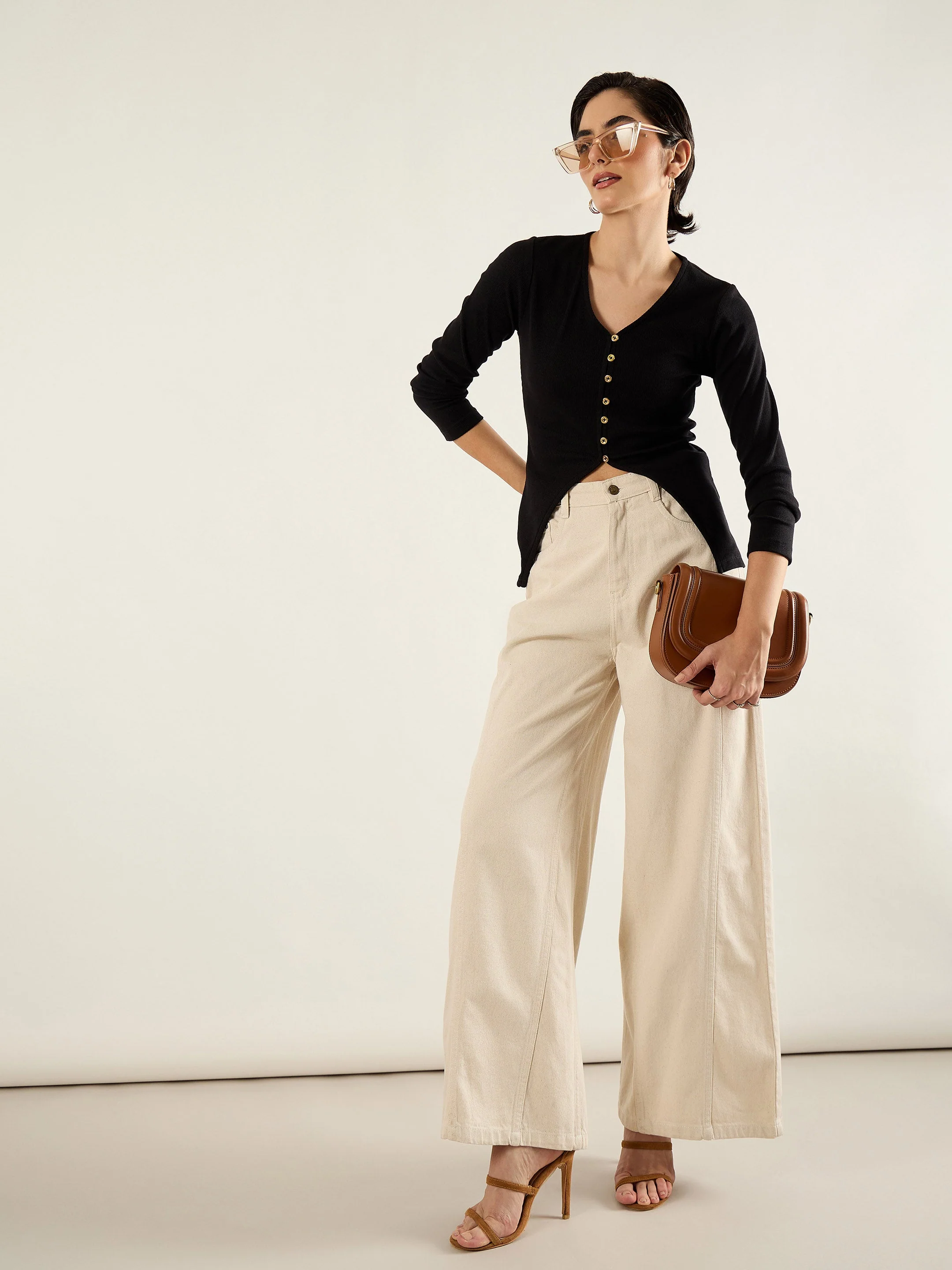 Women Beige High Waist Wide Leg Jeans - Image 2