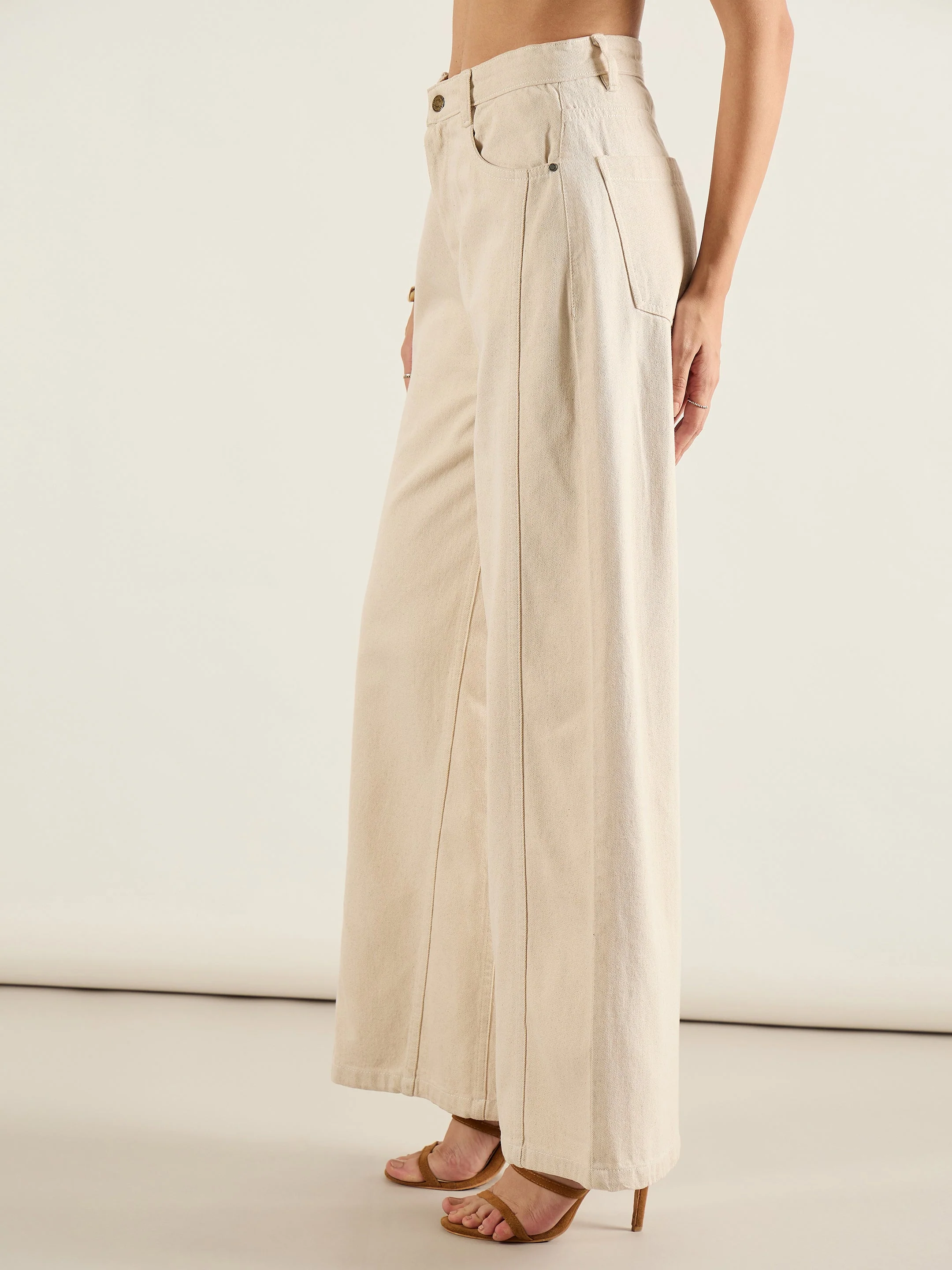 Women Beige High Waist Wide Leg Jeans - Image 3