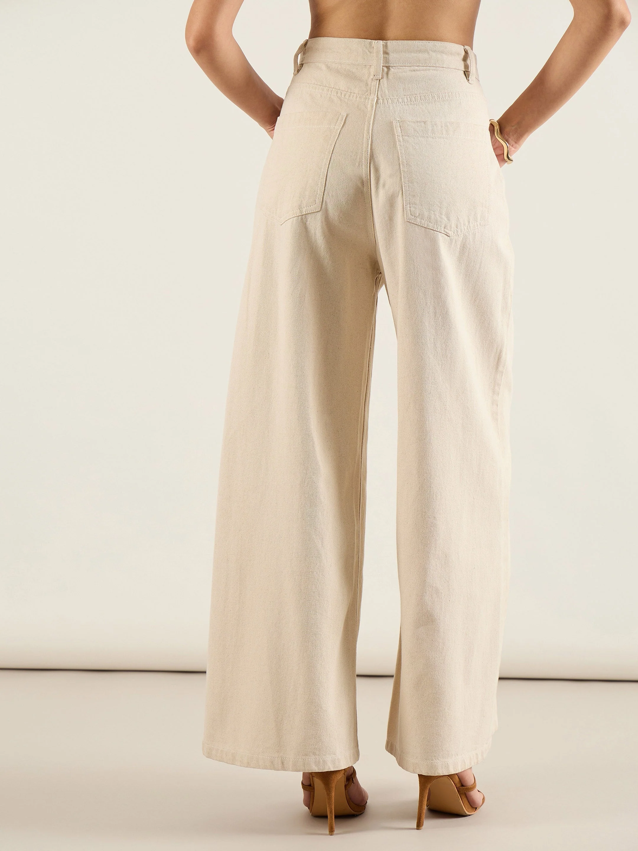 Women Beige High Waist Wide Leg Jeans - Image 5