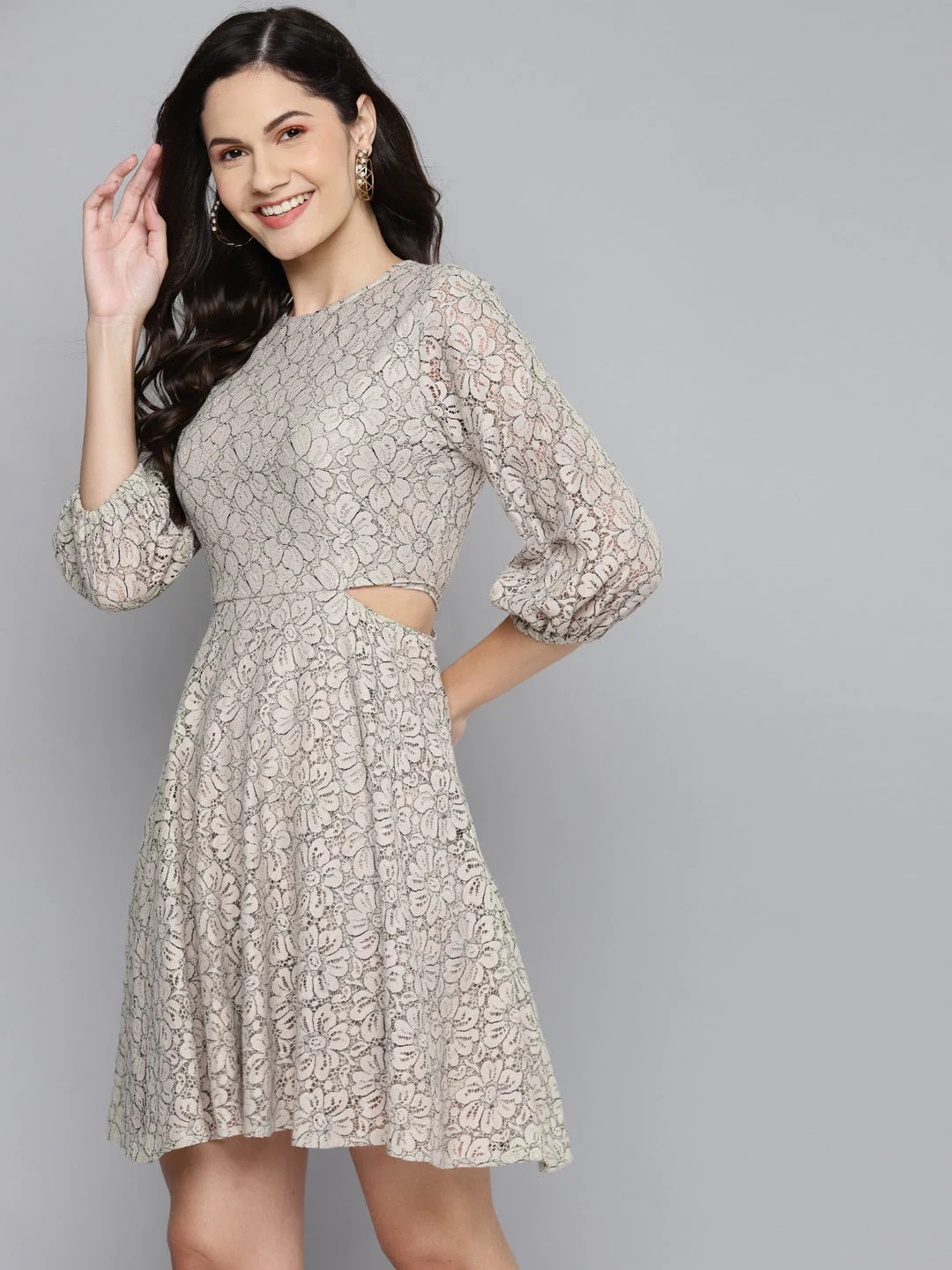 Women Beige Lace Waist Cut-Out Dress - Image 2