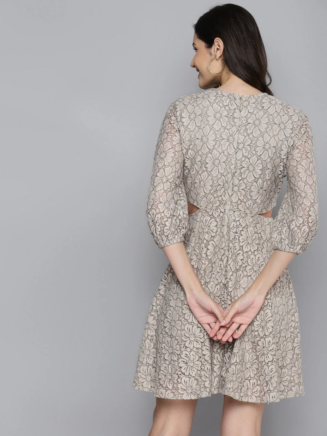 Women Beige Lace Waist Cut-Out Dress - Image 3