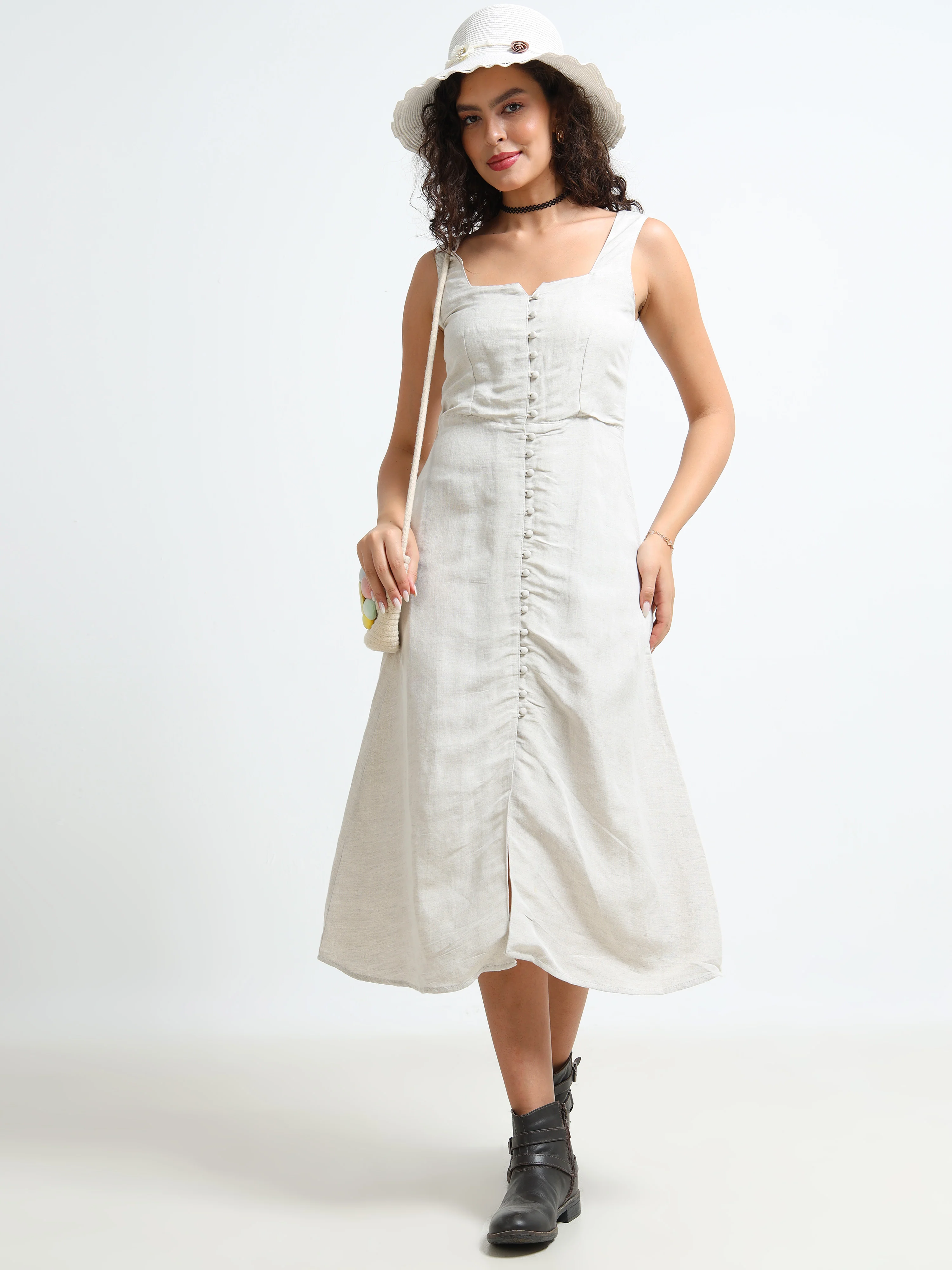 Women Beige Linen Blend Dress - Image 2