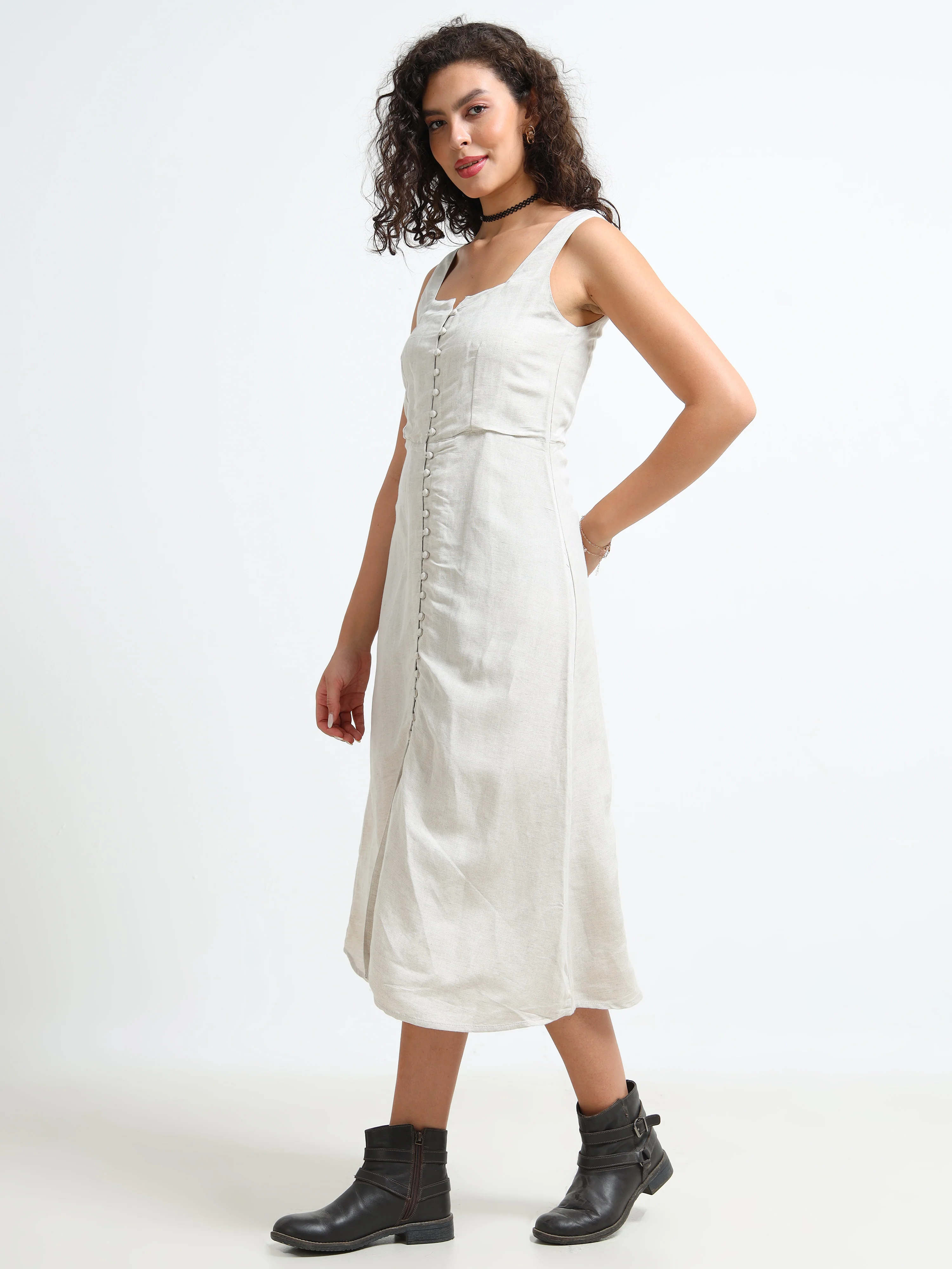Women Beige Linen Blend Dress - Image 3