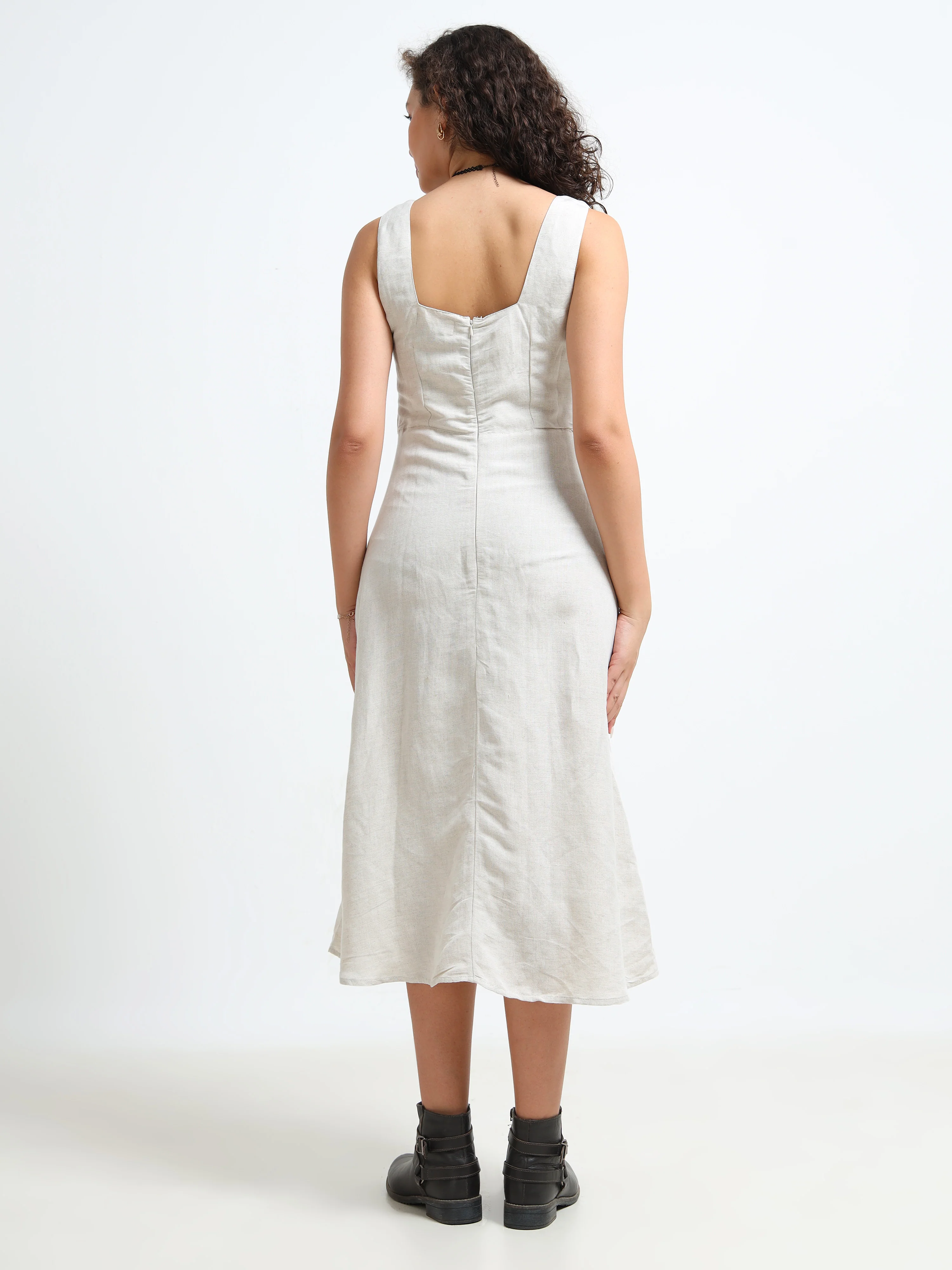 Women Beige Linen Blend Dress - Image 5