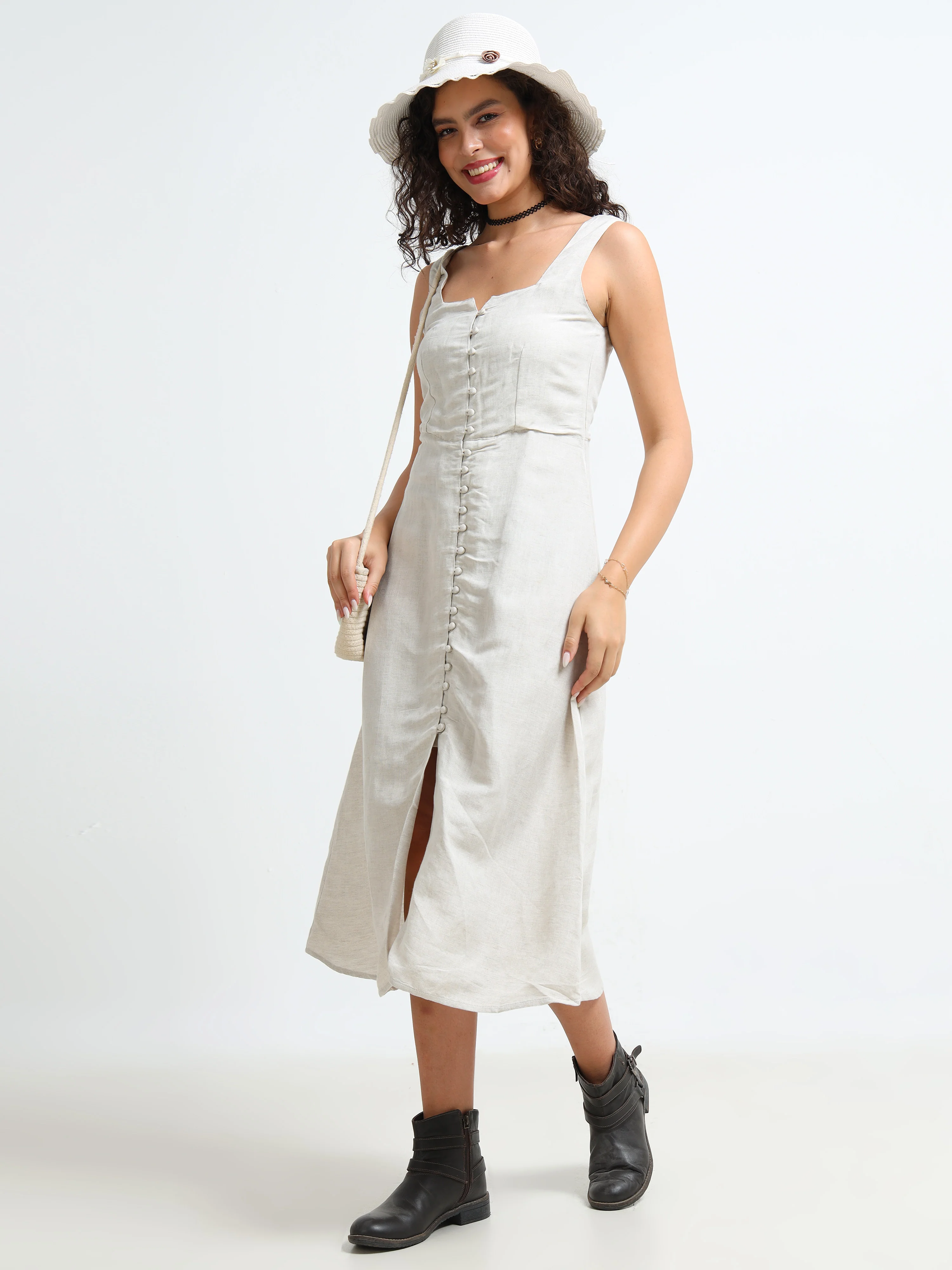 Women Beige Linen Blend Dress - Image 6
