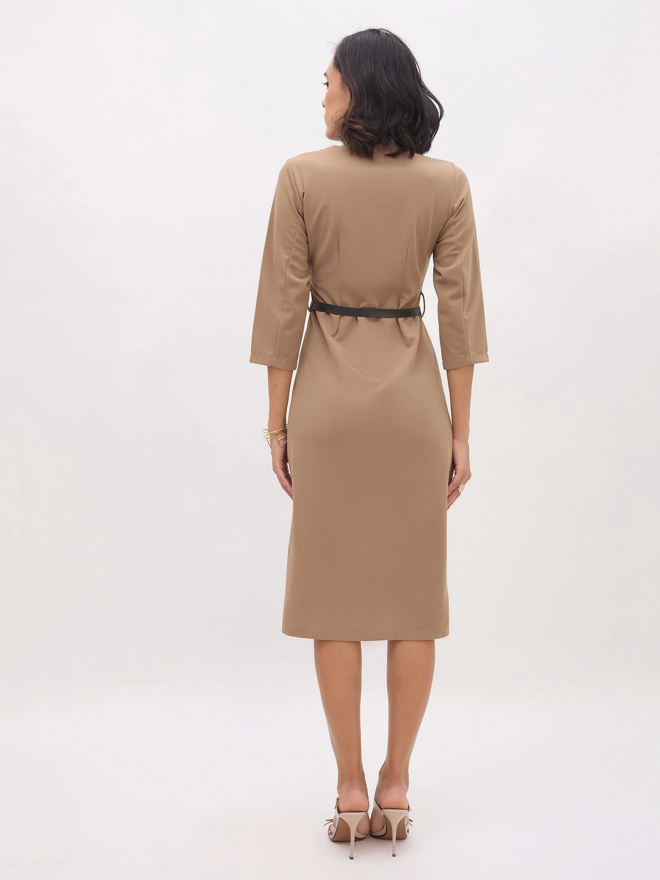 Women Beige Midi Dress With PU Belt - Image 2
