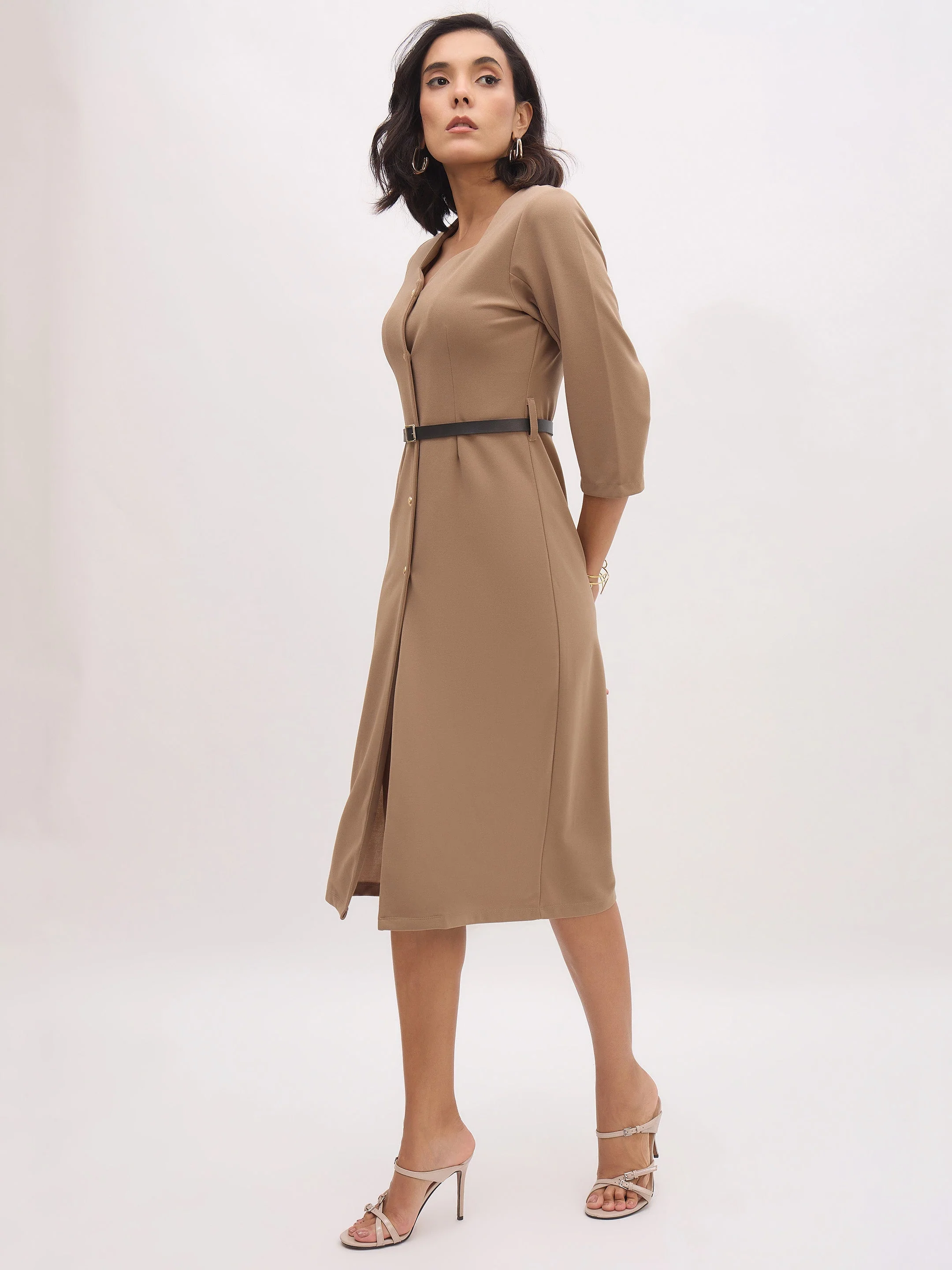 Women Beige Midi Dress With PU Belt - Image 4
