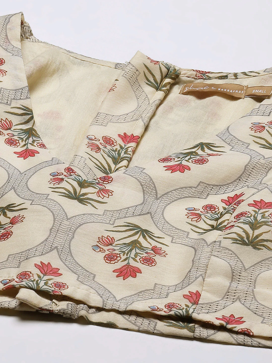 Women Beige Mughal Floral Crop Top With Anarkali Skirt - Image 2