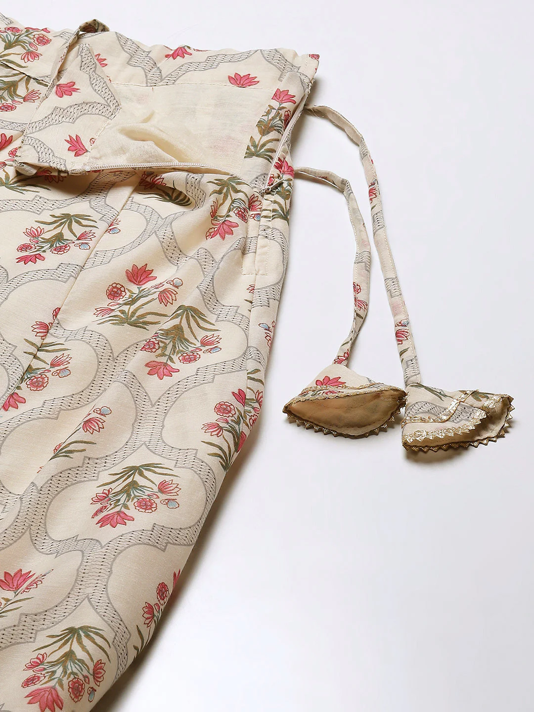 Women Beige Mughal Floral Crop Top With Anarkali Skirt - Image 3
