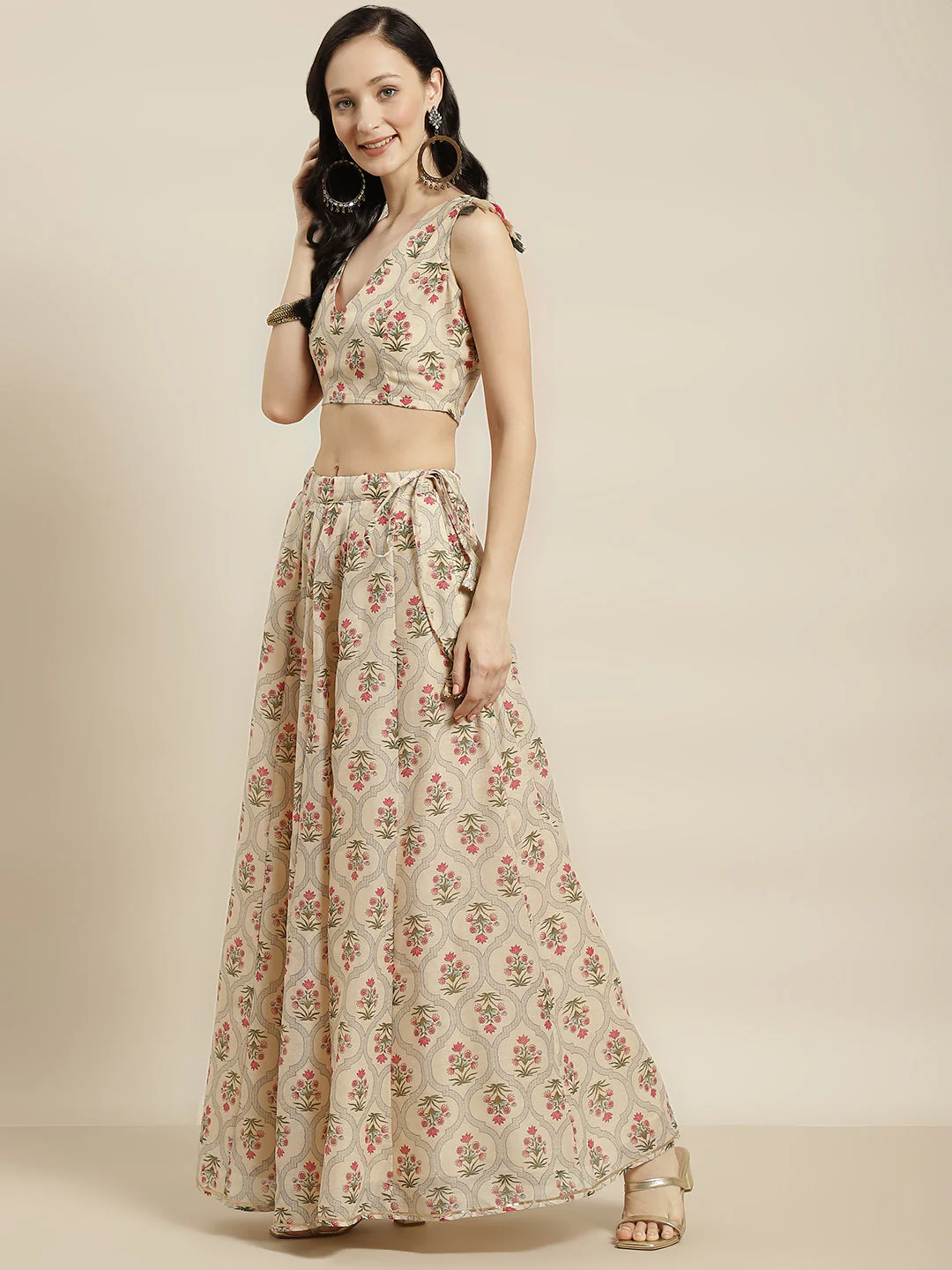 Women Beige Mughal Floral Crop Top With Anarkali Skirt - Image 4